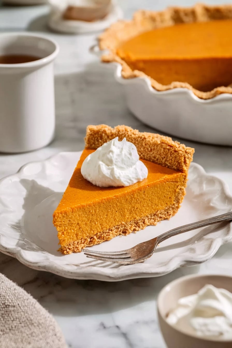 A slice of pumpkin pie with two layers is shown on a white plate with a dotted pattern and a scalloped edge. The bottom crust layer is a golden brown and crumbly texture, supporting a thick, smooth orange pumpkin filling layer above it. A dollop of white whipped cream sits on top of the pumpkin layer. A silver fork is partly in the pie, holding a small piece of the pumpkin layer lifted slightly above the plate. The background is a white marbled texture. Photo taken with an iphone --ar 2:3 --v 7 - No-Bake Pumpkin Pie, pumpkin pie without baking, easy pumpkin pie, no bake fall desserts, creamy pumpkin pie