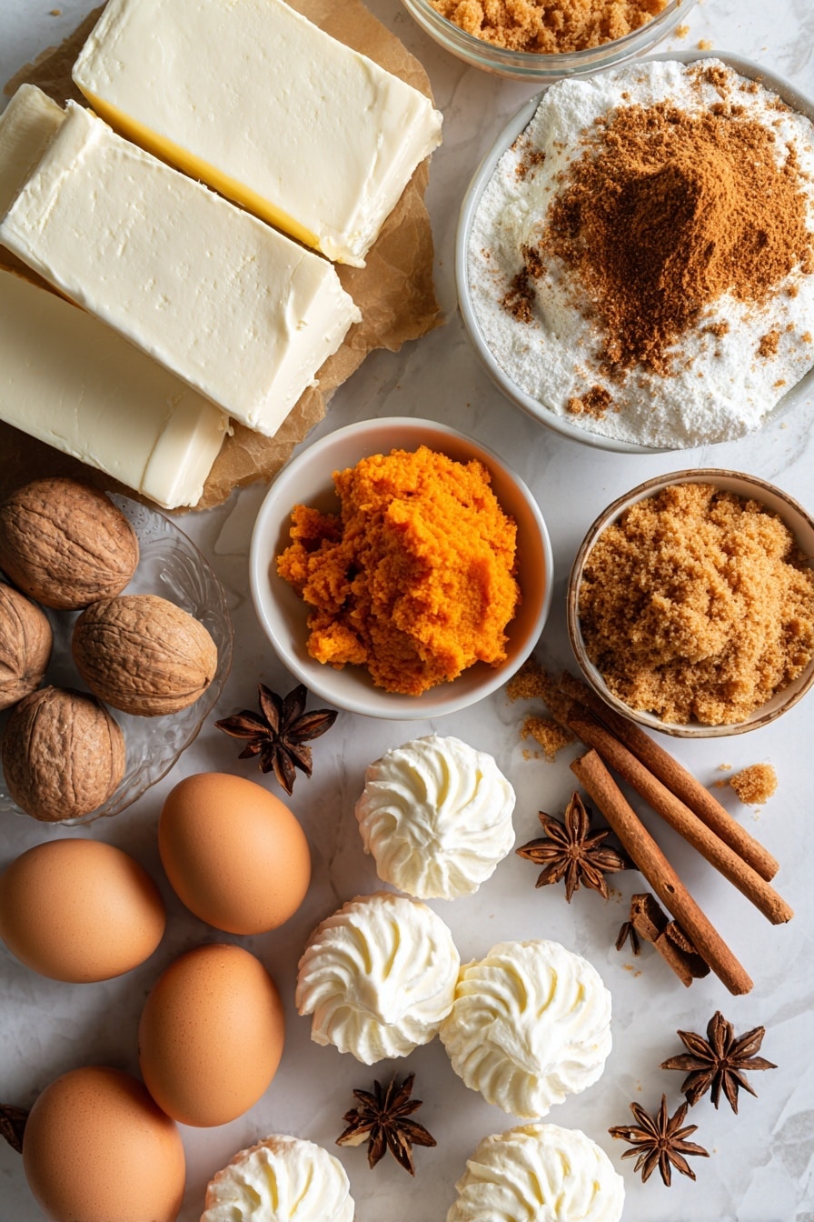 Flat lay of fresh cream cheese blocks with smooth, white creamy texture, bright orange pumpkin puree in a small bowl, warm golden brown graham cracker crumbs with coarse texture scattered lightly, shiny brown sugar crystals piled neatly, fresh whole eggs with smooth beige shells, fresh sour cream dollops with glossy white swirls, cinnamon sticks and whole nutmeg adding rich brown tones, several star anise pods for deep rust color, all artfully arranged with natural spacing and soft shadows, placed on white marbled surface, photo taken with an iphone --ar 2:3 --v 7 - Pumpkin Cheesecake Bars, Pumpkin Pie Bars, Fall Dessert Recipes, Easy Pumpkin Cheesecake, Holiday Pumpkin Bars