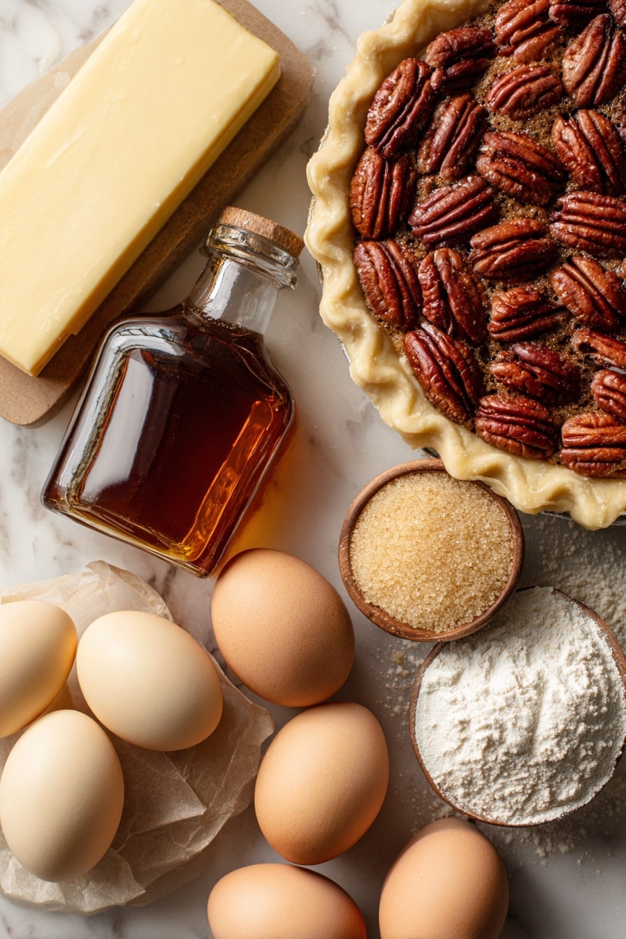 Flat lay of glossy pecan halves with rich, warm brown hues and intricate textures, a smooth slab of pale yellow salted butter, golden light corn syrup glistening softly, three large fresh eggs with smooth ivory shells, a small heap of light and dark golden granulated and brown sugars with a sparkling crystalline texture, a glass bottle of vanilla extract with deep amber liquid inside, and a round, pale beige unbaked homemade pie crust with a gently fluted edge, all arranged naturally with slight overlaps and shadows to highlight their freshness and color contrast, placed on white marbled surface, photo taken with an iphone --ar 2:3 --v 7 - Classic Pecan Pie, pecan pie recipe, Southern pecan pie, homemade pecan pie, easy pecan pie dessert