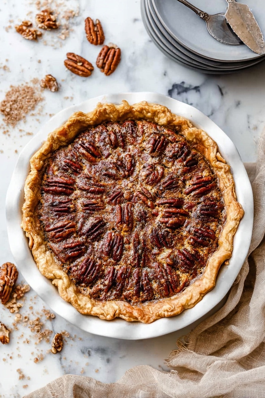 A close-up of a single slice of pecan pie on a white plate, showing three layers: a golden-brown flaky crust at the bottom and edges, a thick dark brown gooey filling in the middle clustered with glossy pecan halves on top, arranged unevenly but covering the surface well; crumbs are scattered around the slice on the plate, which sits on a white marbled surface, with a silver fork placed to the right side. Photo taken with an iphone --ar 2:3 --v 7 - Classic Pecan Pie, pecan pie recipe, Southern pecan pie, homemade pecan pie, easy pecan pie dessert