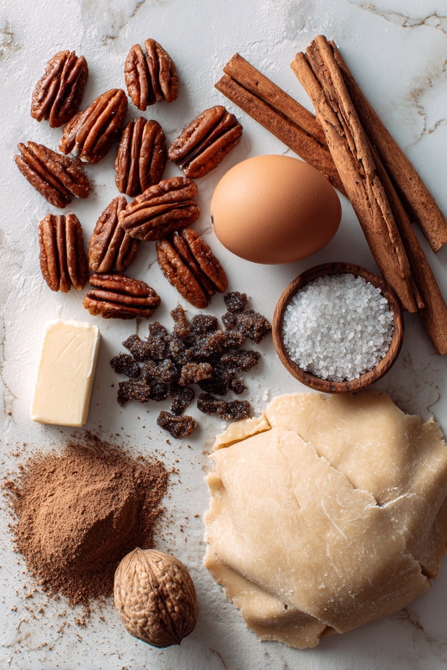 Flat lay of whole pecans with rich brown shells, a stick of unsalted butter melting gently at one side, a small pile of dark brown sugar crystals sparkling in the light, a fresh large brown egg with smooth shell, cinnamon sticks with rough texture and warm reddish-brown hue, a small heap of finely ground nutmeg powder with earthy tone, tiny white coarse sea salt flakes scattered naturally, and a rolled-out pale beige pie dough circle with soft folds and a slightly flour-dusted surface, all beautifully arranged in a casual yet artful manner placed on white marbled surface, photo taken with an iphone --ar 2:3 --v 7 - Mini Pecan Pies in Mini Muffin Pans, mini pecan pie recipe, bite-sized pecan pie treats, individual pecan tartlets, easy mini pecan desserts