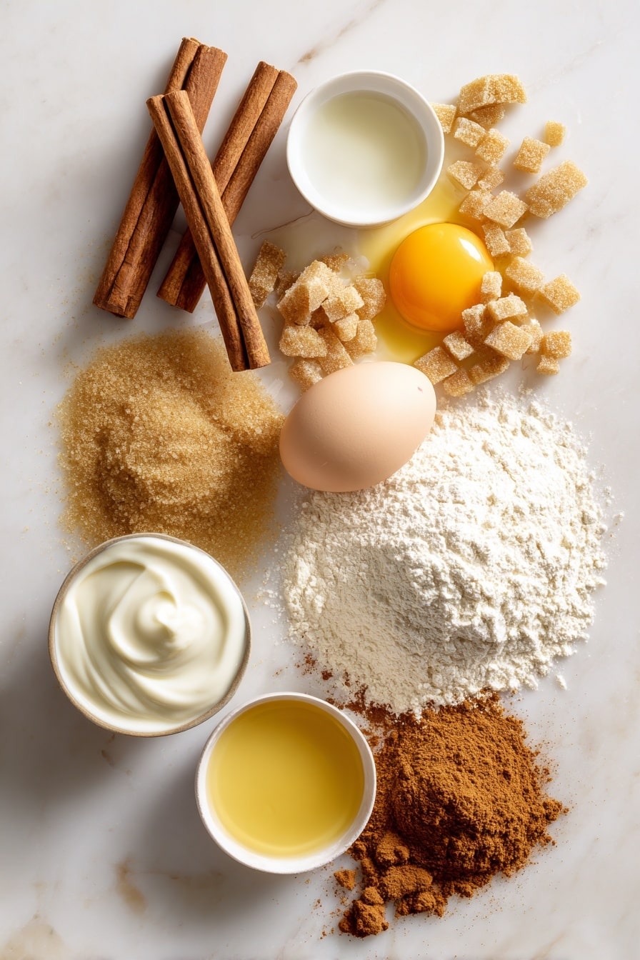 Flat lay of warm brown cinnamon sticks with textured ridges, golden light brown packed brown sugar crystals, smooth creamy white yogurt dollops, fresh light yellow whole egg, rich golden melted butter pools, tiny piles of warm reddish-brown ground cinnamon and nutmeg powders, creamy off-white all-purpose flour scattered gently, and a small splash of fresh white milk, all beautifully arranged in natural loose clusters and soft mounds with varied textures, placed on white marbled surface, photo taken with an iphone --ar 2:3 --v 7 - Baked Cinnamon Sugar Donuts, baked cinnamon sugar donuts, easy baked donuts, homemade cinnamon sugar donuts, quick donut recipe