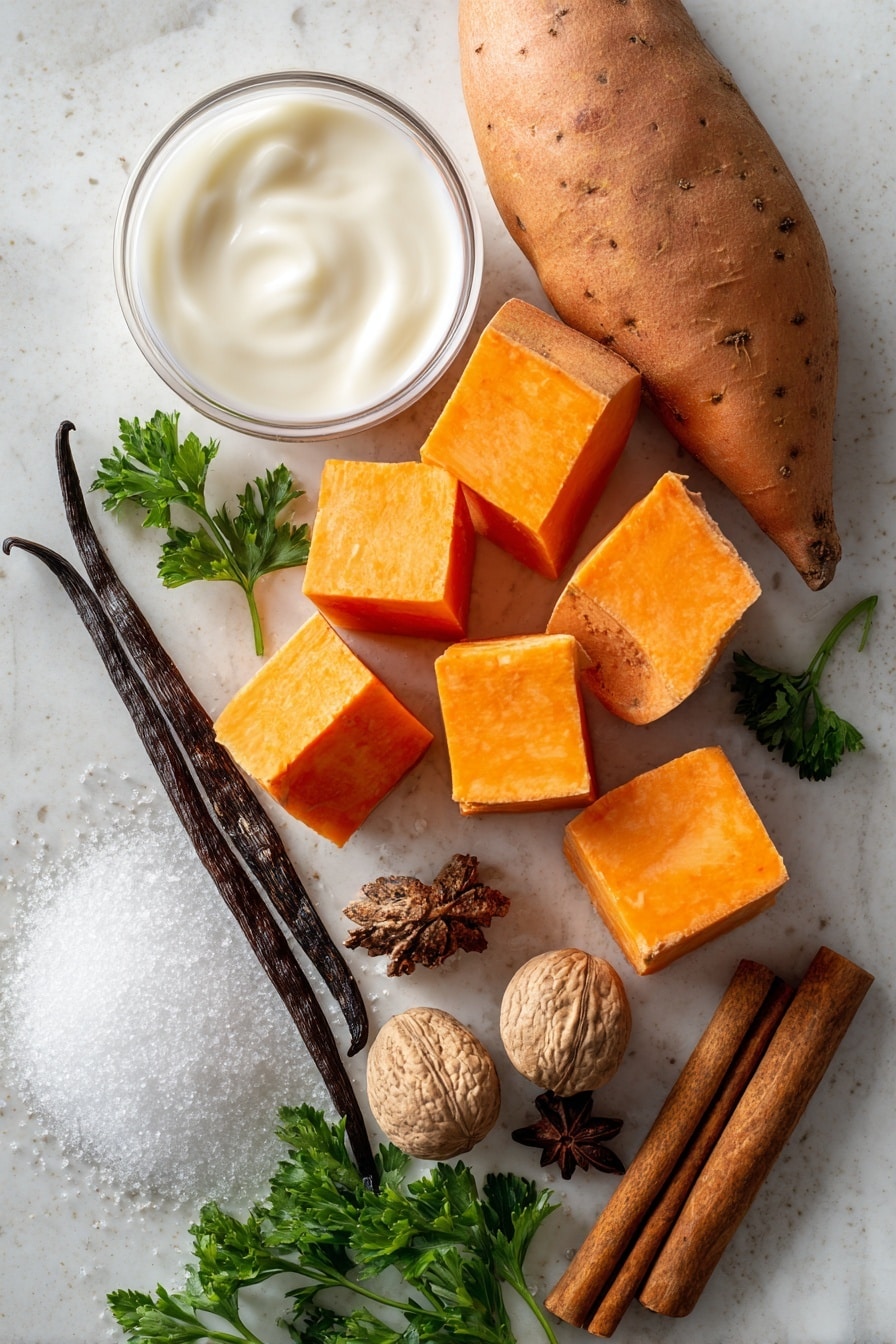 Flat lay of two medium sweet potatoes, peeled and roughly diced showing their bright orange flesh and smooth skin, a split vanilla bean pod with glossy black seeds exposed, two cinnamon sticks with rich brown textured bark, one whole nutmeg featuring its round, slightly rough beige surface, a small pile of white granulated sugar sparkling softly, a small bowl of creamy white heavy cream with a smooth texture, and a few fresh green sprigs of parsley for a touch of color, all beautifully arranged in a natural, slightly scattered pattern with warm tones and contrasting textures, placed on white marbled surface, photo taken with an iphone --ar 2:3 --v 7 - Silky Sweet Potato Pie with Brown Sugar Whipped Cream, sweet potato pie recipe, creamy sweet potato dessert, easy holiday pie, comforting sweet potato dessert