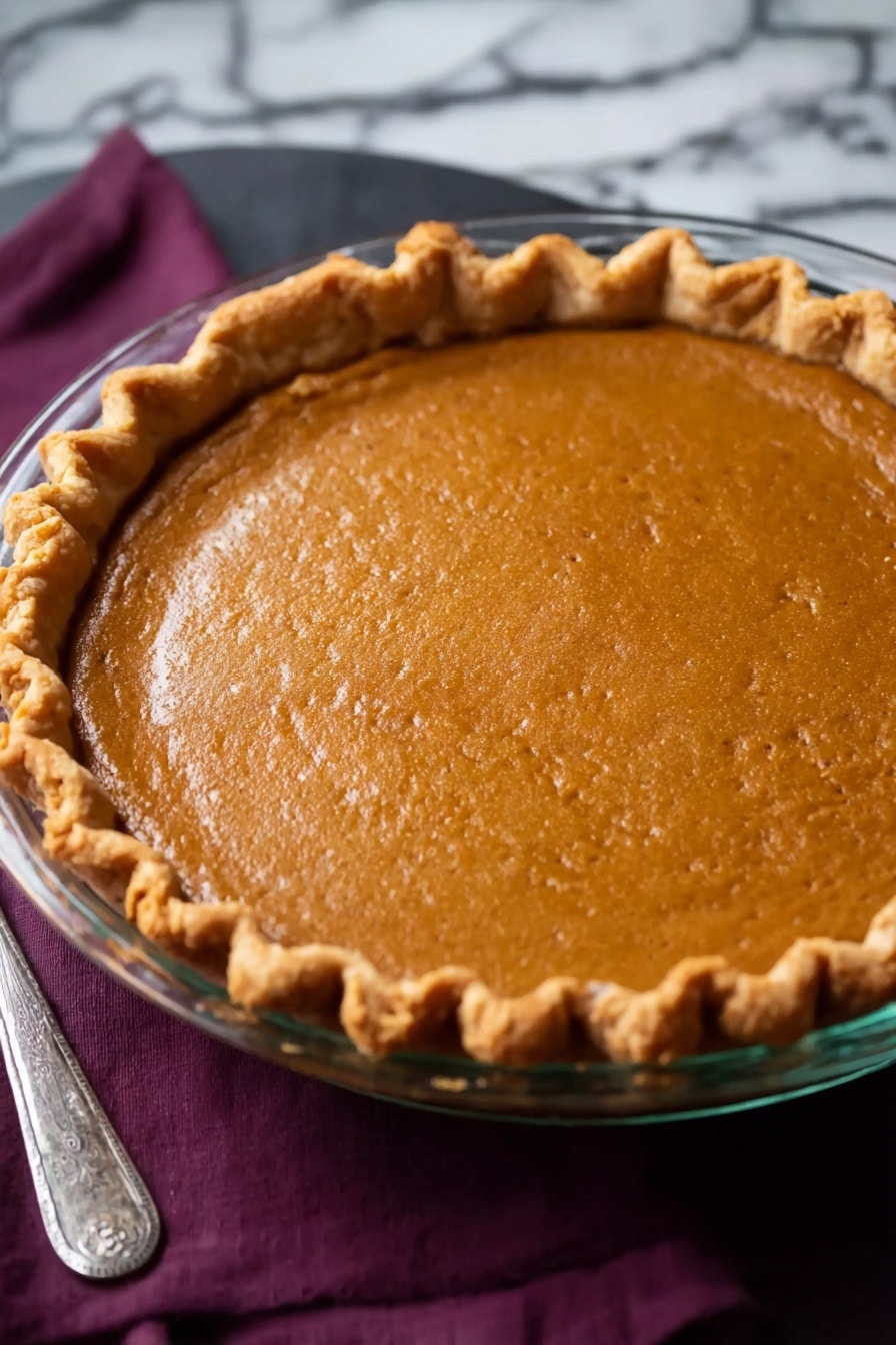 A single slice of pumpkin pie sits on a white plate, showing two layers: a thick, smooth orange pumpkin filling on the bottom, and a golden, flaky crust on the top and sides with crimped edges. On the top edge of the pie slice, a line of white whipped cream is piped in small swirls. A silver fork rests next to the slice on the plate. In the background, a larger pumpkin pie in a clear glass pie dish is slightly visible, also topped with whipped cream. The whole scene is on a white marbled surface with a dark purple cloth in the background. Photo taken with an iphone --ar 2:3 --v 7 - Silky Sweet Potato Pie with Brown Sugar Whipped Cream, sweet potato pie recipe, creamy sweet potato dessert, easy holiday pie, comforting sweet potato dessert