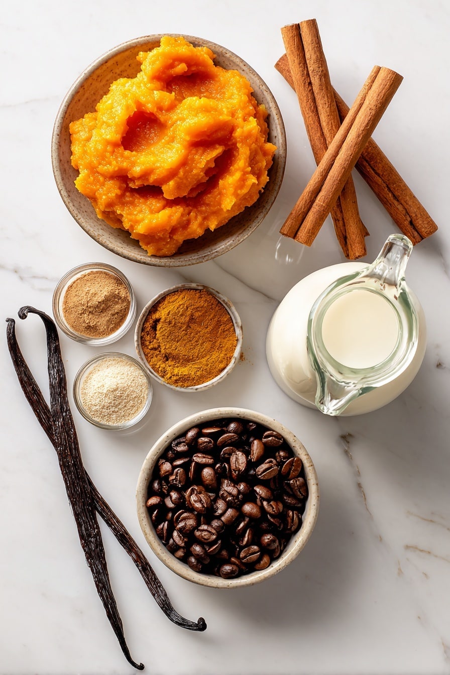 Flat lay of bright orange pumpkin puree dolloped next to warm brown cinnamon sticks, small piles of golden pumpkin pie spice and amber maple syrup glistening in light, fresh vanilla bean pods with smooth pale seeds visible, a small mound of rich dark roasted coffee beans, creamy white milk in a glass jug, all beautifully arranged with contrast and texture placed on white marbled surface, photo taken with an iphone --ar 2:3 --v 7 - Pumpkin Spice Latte, homemade pumpkin spice latte, fall coffee drinks, DIY pumpkin spice latte, cozy fall beverages