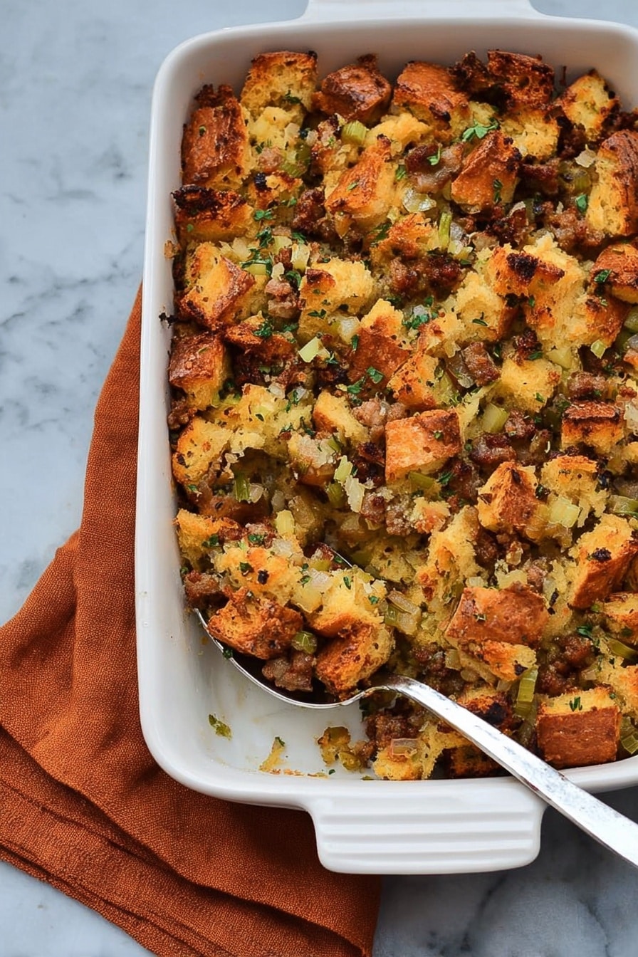 A white rectangular ceramic baking dish with handles filled with a golden-brown bread casserole. The casserole has several layers of chunky bread pieces in light tan and orange hues, mixed with bits of green herbs and darker brown spots of cooked ingredients. The top layer shows a slightly crisp texture with uneven bread chunks coated in a glossy finish. The dish is placed on a white marbled surface. photo taken with an iphone --ar 2:3 --v 7 - Easy Sausage and Herb Stuffing, sausage and herb stuffing, holiday stuffing ideas, savory stuffing recipes, herb sausage stuffing