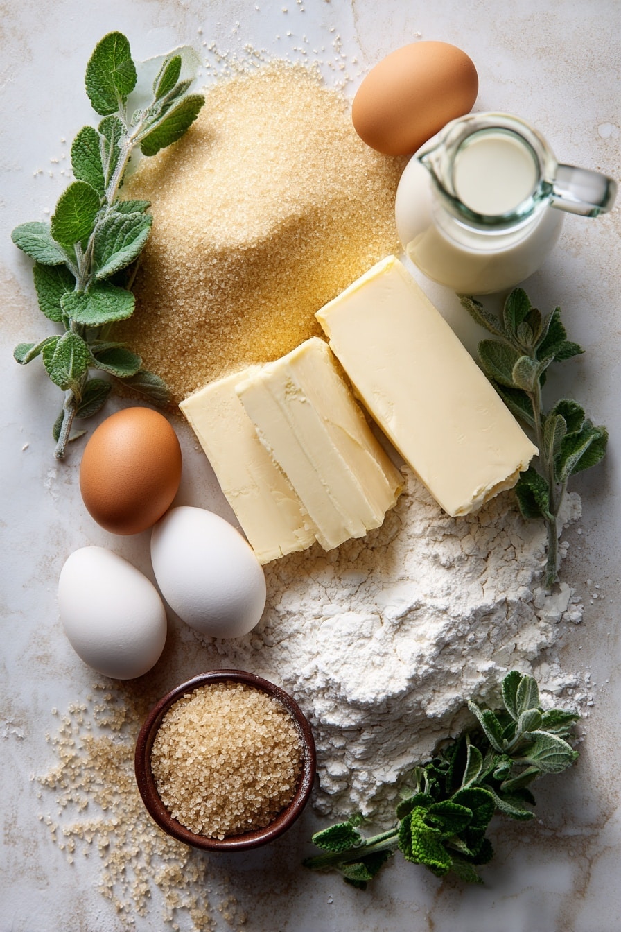Flat lay of golden granular sugar crystals heaped softly, a pile of creamy white all-purpose flour with a delicate powdery texture, rich yellow salted butter blocks partially melted with glossy surfaces, fresh whole eggs showing smooth warm brown shells, a small mound of active dry yeast granules with rustic light brown specks, a clear glass jug of whole milk with a creamy white hue, a pinch of coarse sea salt crystals sparkling subtly, and a small bunch of vibrant fresh herbs with deep green leaves arranged naturally around each ingredient, placed on white marbled surface, photo taken with an iphone --ar 2:3 --v 7 - Best Homemade Dinner Rolls, homemade dinner rolls, soft dinner rolls, buttery dinner rolls, easy dinner roll recipe