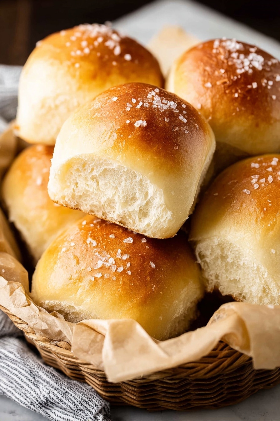 The image shows a close-up of three soft bread rolls in a baking pan lined with parchment paper. The rolls have a shiny, golden-brown top layer with a few sparkling grains of salt on one of them. The inside of the front roll is fluffy and white, with a light texture. The baking pan is dark and rests on a surface with a white marbled texture. photo taken with an iphone --ar 2:3 --v 7 - Best Homemade Dinner Rolls, homemade dinner rolls, soft dinner rolls, buttery dinner rolls, easy dinner roll recipe