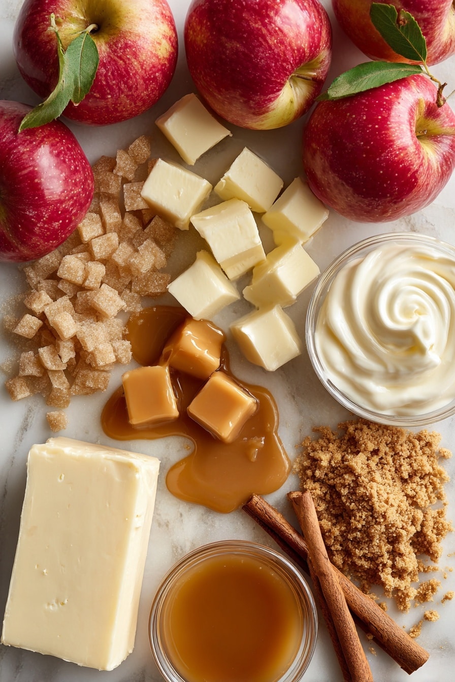 Flat lay of shiny red apples freshly chopped with bits of green leaves, small cubes of creamy salted butter with smooth edges, golden amber caramel sauce glistening in a soft pool, light brown sugar crystals loosely scattered with a sandy texture, a block of smooth white cream cheese resting beside a cinnamon stick with deep brown spiral layers, a small pile of crushed vanilla wafer crumbs with crumbly texture, dollops of thick sour cream alongside a splash of heavy whipping cream with a silky surface, all beautifully arranged in a natural and inviting manner, placed on white marbled surface, photo taken with an iphone --ar 2:3 --v 7 - Caramel Apple Cheesecake, caramel apple dessert, fall cheesecake recipes, homemade caramel sauce, apple cheesecake ideas