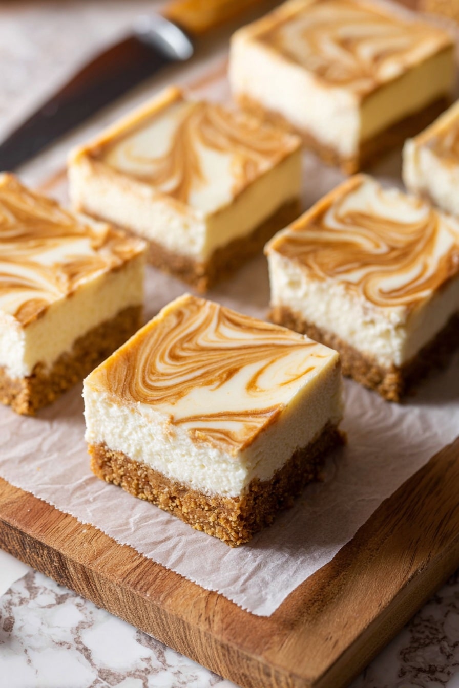 The image shows a slice of layered dessert with three layers. The bottom layer is crumbly and brown, resembling a baked crust. The middle layer is thick and creamy white, smooth and soft in texture. The top layer is thin with a light brown and white swirl pattern, creating a marbled effect. The dessert slice sits on a piece of parchment on a wooden surface, with other similar slices blurred in the background. The photo is taken with an iphone --ar 2:3 --v 7 - Pumpkin Cheesecake Bars, fall dessert recipe, easy pumpkin dessert, creamy cheesecake bars, holiday treat ideas