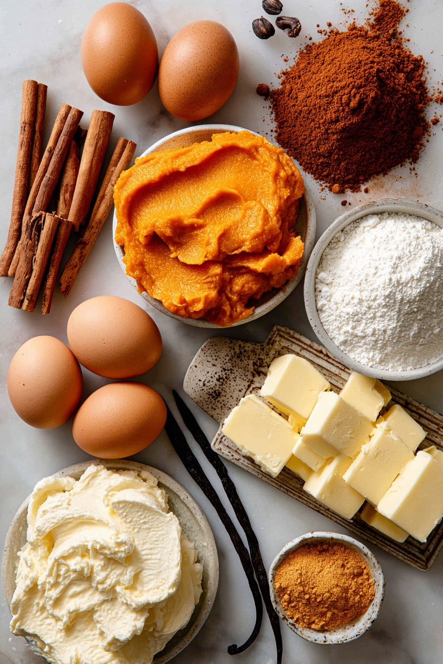 Flat lay of bright orange pumpkin puree dolloped next to warm brown cinnamon sticks and a small heap of earthy pumpkin pie spice powder, surrounded by shiny brown eggs with smooth shells, a mound of creamy white cream cheese, soft golden butter chunks, a scattering of fine white powdered sugar, and a small vanilla bean pod revealing glossy black seeds, all beautifully arranged with natural light enhancing their rich textures and colors, placed on white marbled surface, photo taken with an iphone --ar 2:3 --v 7 - Pumpkin Roll with Cream Cheese Filling, Pumpkin Roll recipe, pumpkin dessert, holiday pumpkin cake, easy pumpkin roll