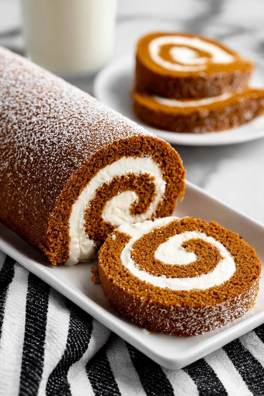 The image shows two views of a rolled cake on a white plate placed on a white marbled surface. The cake has two main layers: the outer layer is a soft, brown sponge with a slightly rough texture, and inside it is a thick layer of smooth, white cream rolled into a spiral shape. In the left part of the image, the whole roll is visible with a light dusting of white powdered sugar on top. On the right side, a single round slice of the cake displays the spiral cream and sponge layers clearly. Nearby, a striped cloth and a cinnamon stick rest on the white marbled surface, adding a cozy touch. Photo taken with an iphone --ar 2:3 --v 7 - Pumpkin Roll with Cream Cheese Filling, Pumpkin Roll recipe, pumpkin dessert, holiday pumpkin cake, easy pumpkin roll