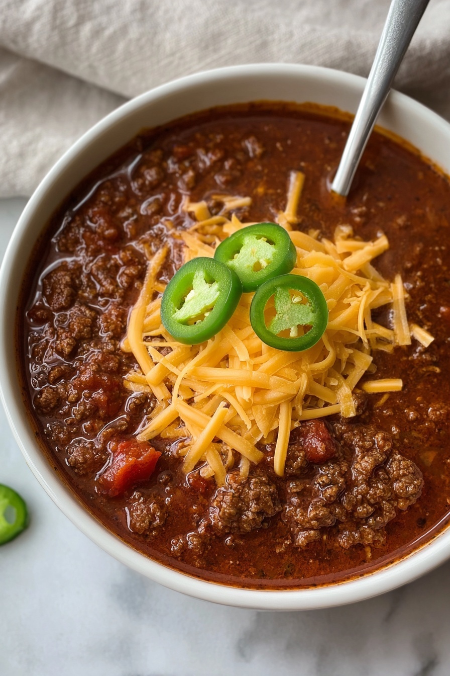 A white bowl filled with thick chili made of dark brown ground meat and red tomato chunks in a rich reddish-brown sauce. On top, there is a large layer of shredded yellow cheddar cheese, with three bright green sliced jalapeño rings placed on the cheese. A silver spoon is placed inside the bowl on the right side. The bowl is set on a white marbled surface with a soft cloth in the background. photo taken with an iphone --ar 2:3 --v 7 - The Best One Pot Chili, One Pot Chili, Easy Chili Recipe, Comfort Food Chili, Quick Dinner Idea