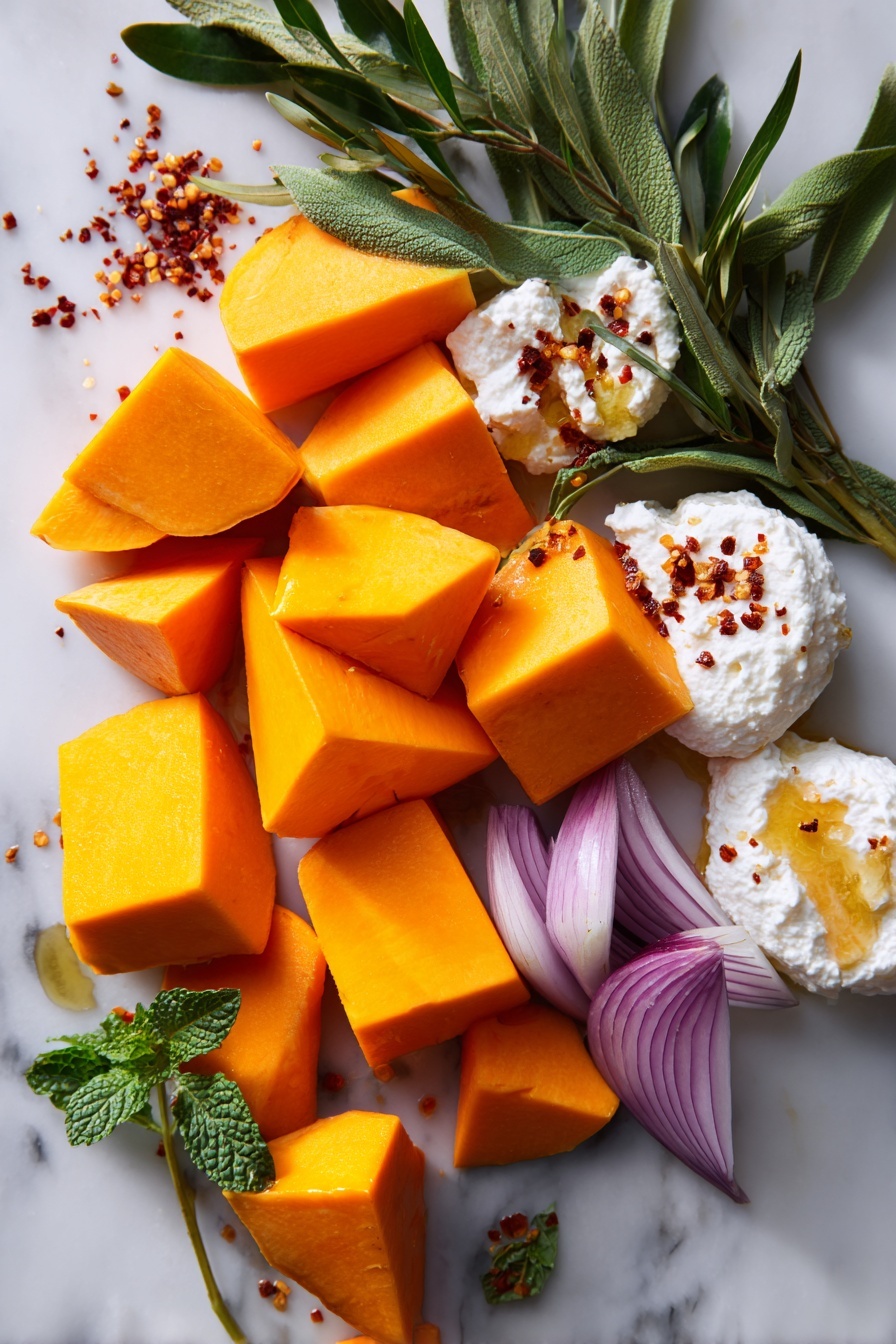 Flat lay of vibrant orange butternut squash cubes with smooth skin and soft flesh, thinly sliced pale purple shallots arranged in delicate layers, small fresh green mint leaves with textured veins scattered naturally, creamy white ricotta cheese dollops showing their soft, whipped texture, golden honey glistening in a small pool catching the light, glossy green olive branches with plump olives, and tiny red chili flakes sprinkled lightly nearby, all placed on white marbled surface, photo taken with an iphone --ar 2:3 --v 7 - Butternut Squash Crostini with Honeyed Shallots and Fresh Mint, roasted butternut squash appetizer, fall party hors d'oeuvres, easy vegetarian appetizer, crowd-pleasing fall snacks