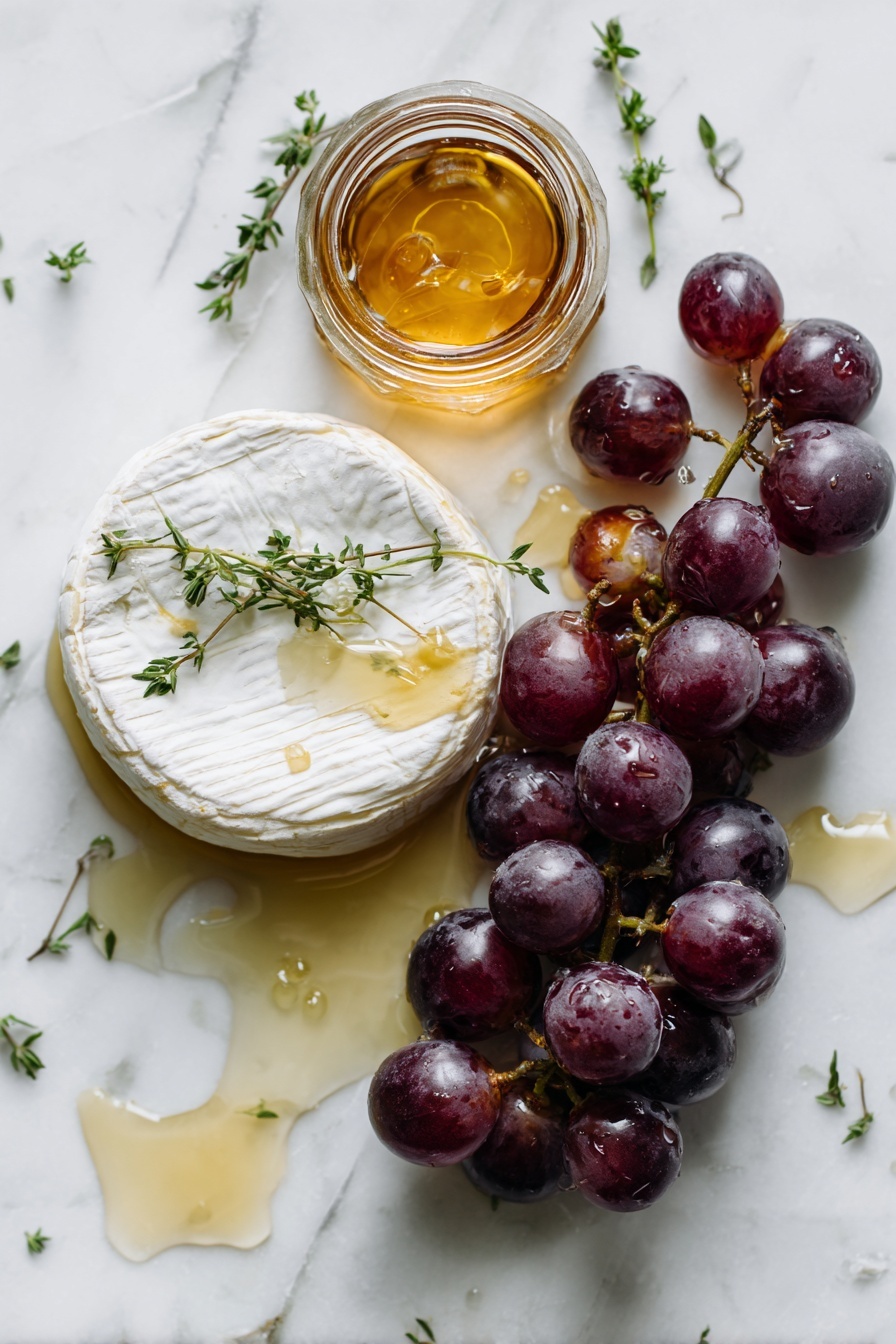 Flat lay of a round wheel of creamy brie cheese with its soft white rind, a small bunch of plump, deep purple grapes with a slight bloom, a slender fresh thyme sprig with tiny green leaves, and a small glass jar of golden honey showing its thick, glossy texture, arranged naturally with some scattered honey drips nearby, all placed on white marbled surface, photo taken with an iphone --ar 2:3 --v 7 - Baked Brie with Honey and Thyme, baked brie appetizer, easy cheese appetizer, Honey and thyme cheese dish, quick entertaining appetizer