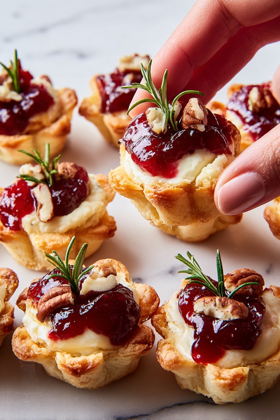 The image shows several small tartlets arranged closely on a white marbled surface. Each tartlet has a golden-brown crispy shell base shaped like a flower with slightly raised edges. Inside, there is a creamy white layer of soft cheese filling, topped with a bright red cranberry sauce dollop that looks shiny and thick. On top of the cranberry sauce are small pieces of pale brown pecans and a small sprig of fresh green rosemary sitting upright. One tartlet is being held gently by a woman's hand on the right side, lifting it slightly above the others, showing the layers clearly. photo taken with an iphone --ar 2:3 --v 7 - Cranberry Brie Bites, Holiday Appetizers, Easy Brie Bites, Cranberry Brie Appetizer, Crowd-Pleasing Holiday Snack
