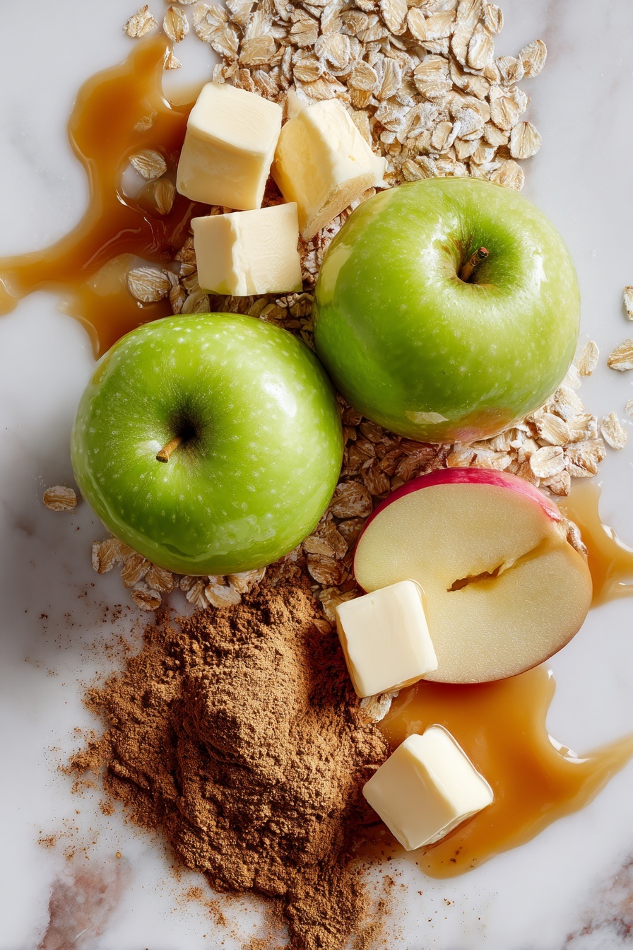 Flat lay of two crisp apples—one bright green Granny Smith and one rosy pink Lady—thinly sliced to show their juicy, fresh texture, rustic rolled oats scattered nearby with their rough, coarse surface, soft cubes of pale yellow cold butter contrasting with a small mound of light and dark golden brown sugar crystals, a heap of warm brown cinnamon powder with its fine, dusty texture, delicate specks of nutmeg, and a small drizzle of glossy, rich amber caramel sauce pooling slightly, all beautifully arranged in a natural, effortless style with overlapping layers and gentle shadows, placed on white marbled surface, photo taken with an iphone --ar 2:3 --v 7 - Salted Caramel Apple Pie Bars, apple pie bars with salted caramel, fall dessert bars, easy apple pie bars recipe, caramel apple dessert bars