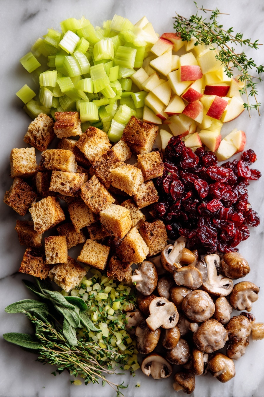 Flat lay of golden toasted whole wheat bread cubes, plump mild Italian sausage links, diced crisp green celery stalks, chopped sweet yellow onion, fresh bright green thyme, sage, and parsley leaves, juicy diced red apples, earthy brown mushrooms, and a small pile of dried cranberries, all beautifully arranged in clusters with natural spacing, placed on a white marble surface, photo taken with an iphone --ar 2:3 --v 7 - Sausage & Herb Stuffing, sausage and herb stuffing, holiday stuffing with sausage, savory sausage stuffing, herb stuffing with apples and cranberries