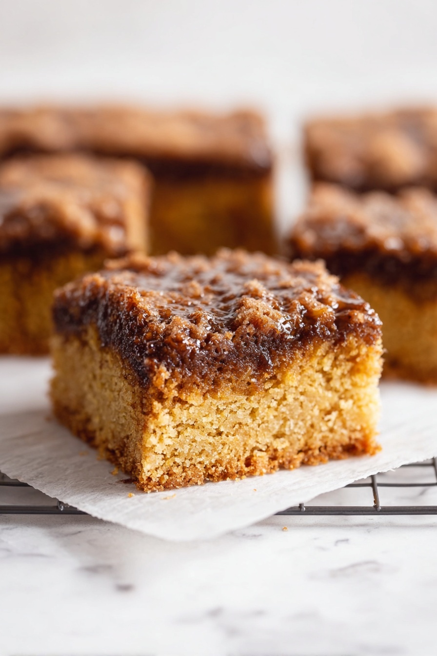 A square pastry cut into nine smaller squares sits on white parchment paper over a dark wire cooling rack, which rests on a white marbled surface. The pastry has a crumbly brown streusel topping that looks crunchy and uneven, with white icing drizzled over it in thin, irregular lines. Around the edges, some crumbs are scattered, and two clear glasses filled with milk are partially visible at the top and left side of the image. photo taken with an iphone --ar 2:3 --v 7 - Pumpkin Coffee Cake with Maple Glaze, pumpkin coffee cake, fall coffee cake recipes, moist pumpkin cake with glaze, cozy pumpkin dessert