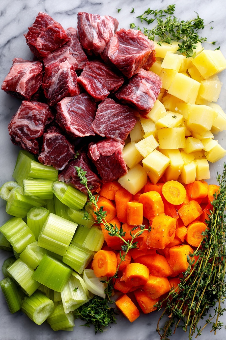 Flat lay of raw beef chuck stew meat cut into cubes, fresh celery ribs cut into pieces, bright orange carrot chunks, peeled parsnips slices, peeled russet potato cubes, a medium chopped yellow onion, sprigs of fresh thyme, and a small pile of chopped fresh parsley leaves, all beautifully arranged on a white marble surface, photo taken with an iphone --ar 2:3 --v 7 - Easy Beef Stew, comforting beef stew, hearty beef stew, simple beef stew recipe, beginner beef stew