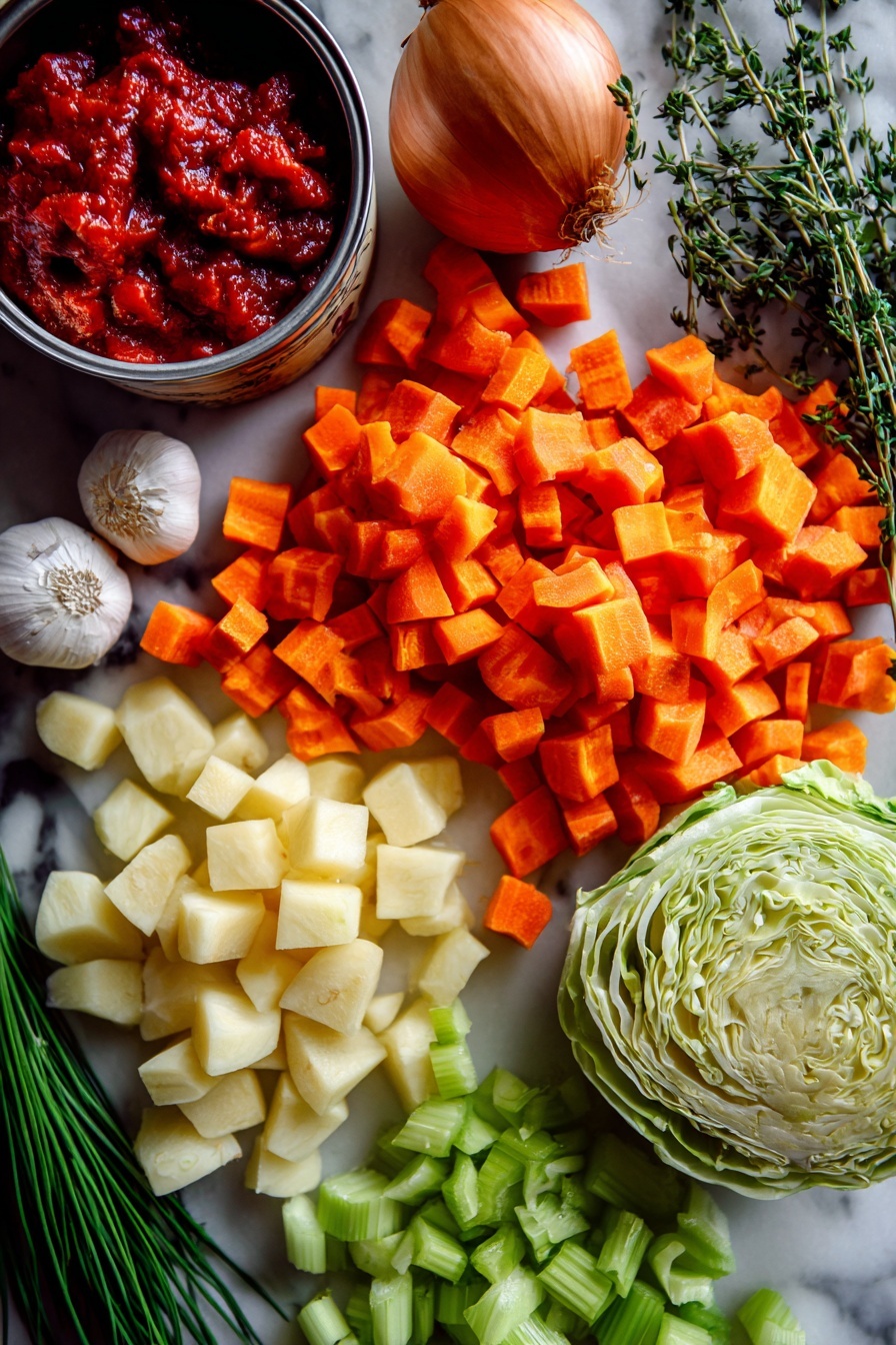Flat lay of peeled parsnips cut into thick slices, bright orange diced carrots, fresh green celery ribs chopped finely, a medium yellow onion with its papery skin, plump garlic cloves unpeeled, vibrant green thinly sliced cabbage, a can of drained diced tomatoes showing rich red chunks, a small pile of deep red tomato paste, and fresh sprigs of parsley and chives, all beautifully arranged on a white marble surface, photo taken with an iphone --ar 2:3 --v 7 - Healthy Parsnip Shepherd's Pie, nutritious shepherd's pie with parsnips, vegetarian shepherd's pie alternative, cozy comfort food recipes, healthy dinner ideas