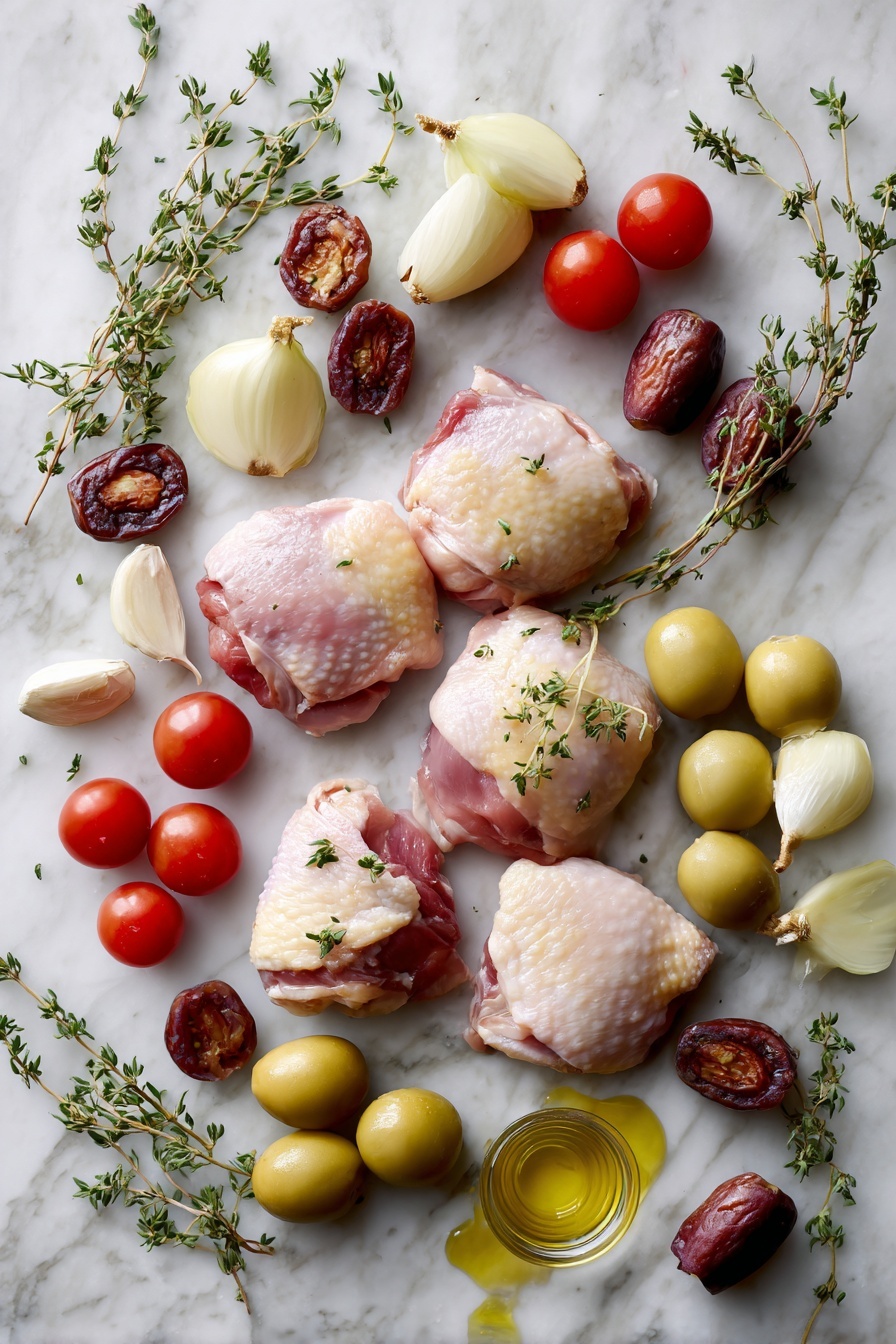 Flat lay of bone-in skin-on chicken thighs, fresh thyme sprigs, peeled garlic cloves, halved shallots, bright red cherry tomatoes, halved pitted dates, green olives, and a small drizzle of golden extra-virgin olive oil, all beautifully arranged in a natural, colorful composition placed on a white marble surface, photo taken with an iphone --ar 2:3 --v 7 - Chicken Provençal, Provençal chicken recipe, easy French chicken dish, savory chicken with olives and herbs, breasts with wine sauce