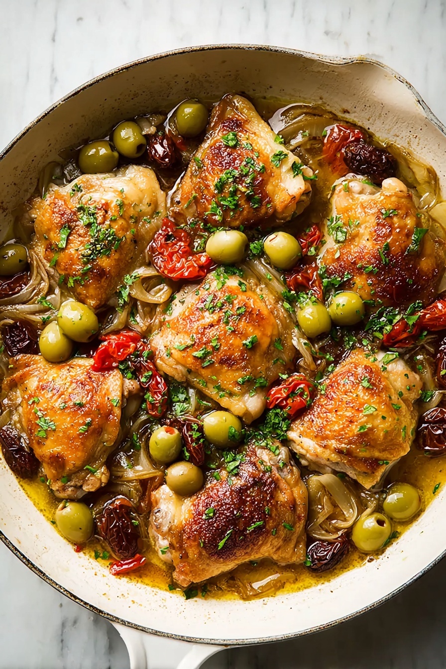 A white pan filled with six golden brown chicken thighs with crispy skin as the top layer, surrounded by bright green olives scattered all over. The second layer includes small roasted cherry tomatoes, whole cloves of garlic, and soft translucent onion pieces resting next to the chicken. Dark brown dates are also spread out, adding another texture beneath the chicken and olives. Fresh chopped green parsley is sprinkled on top, adding a fresh contrast to the warm colors. The dish sits on a white marbled surface. Photo taken with an iphone --ar 2:3 --v 7 - Chicken Provençal, Provençal chicken recipe, easy French chicken dish, savory chicken with olives and herbs, breasts with wine sauce