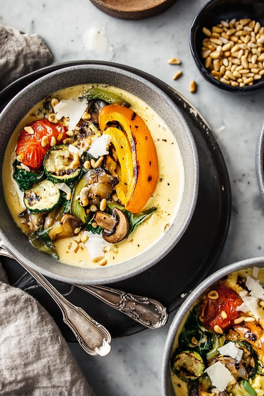A bowl filled with a creamy yellow polenta base sprinkled with black pepper and pine nuts. On top, there is a colorful mix of vegetables arranged in a row: red roasted tomato, orange bell pepper, grilled mushroom, grilled zucchini, sautéed onions, and green leafy bok choy. Small pieces of white cheese are scattered over the vegetables and polenta. The bowl is white and set on a wooden board with a metal spoon resting next to it. The background has a white marbled texture. Photo taken with an iphone --ar 2:3 --v 7 - Creamy Goat Cheese Polenta with Ratatouille, goat cheese polenta recipe, ratatouille vegetable dish, creamy vegetarian mains, elegant weeknight dinner ideas