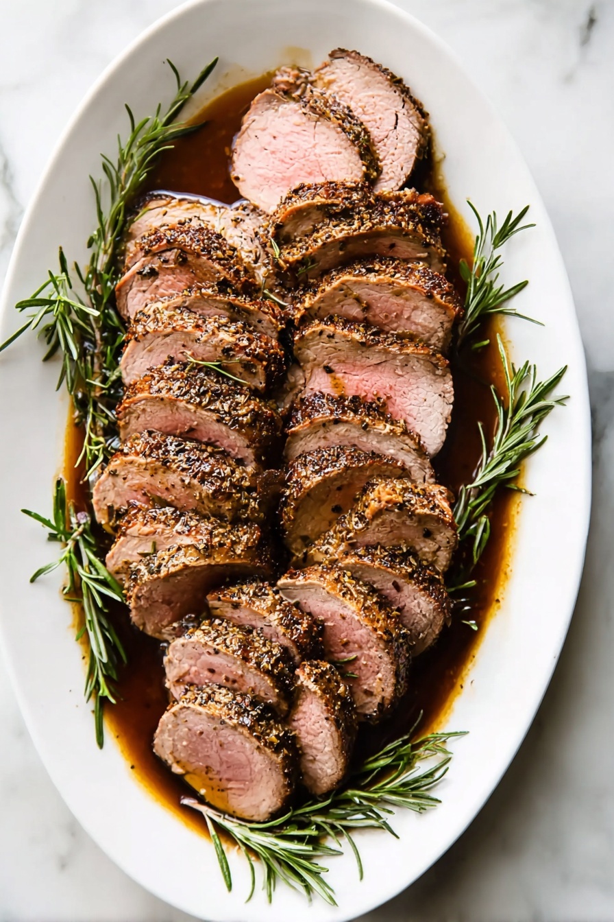 A white plate filled with two layers of sliced cooked meat with brown edges and light pink inside. The slices are arranged overlapping each other across the plate. Small green rosemary sprigs are scattered between and on top of the meat slices, adding color contrast. The plate sits on a white marbled surface. Photo taken with an iphone --ar 2:3 --v 7 - Herb Crusted Pork Roast with Port Wine Sauce, pork roast with herbs and port wine, elegant pork loin recipe, flavorful roasted pork with wine sauce, easy gourmet pork dish