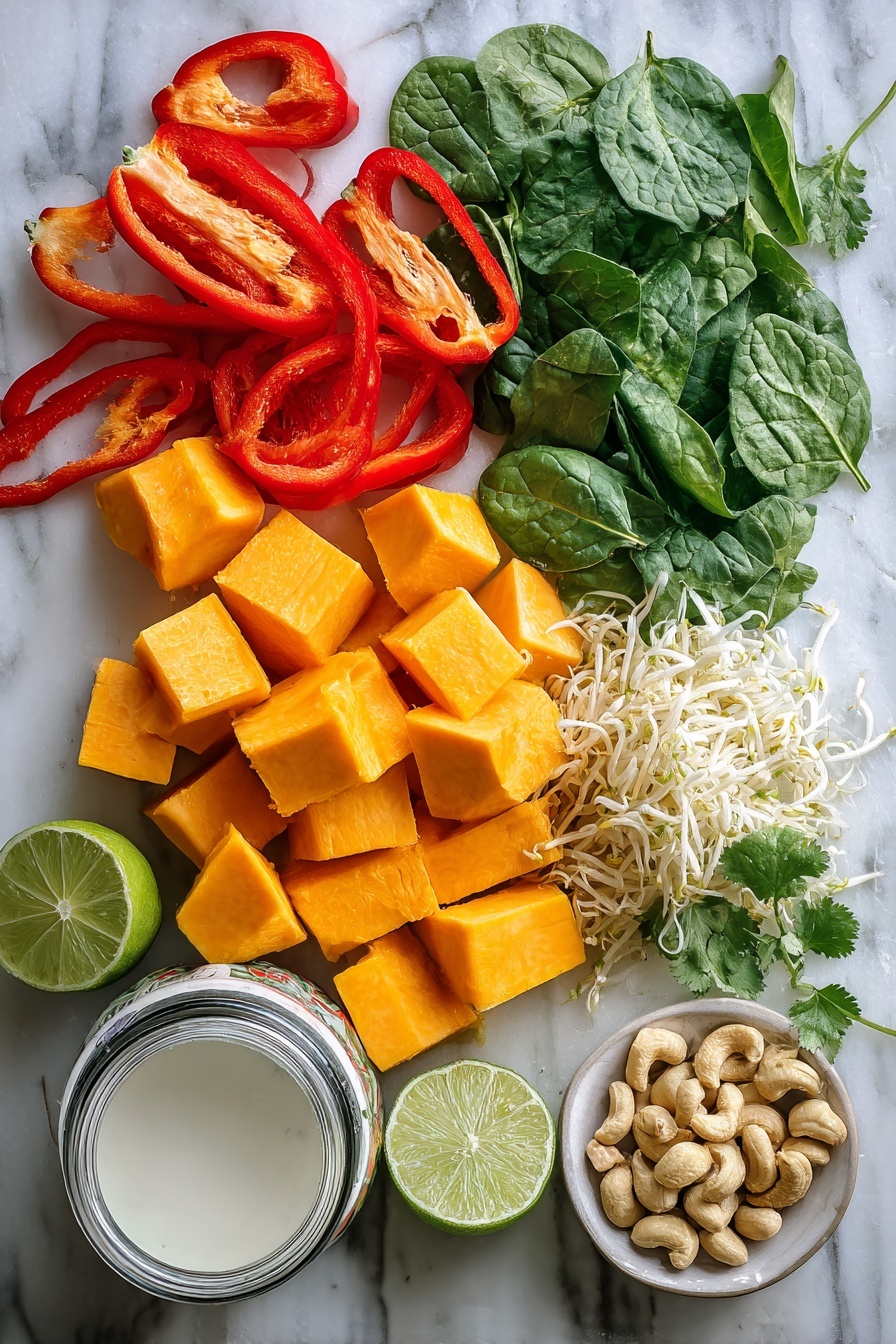 Flat lay of vibrant sugar pie pumpkin cubes, bright red bell pepper slices, fresh green baby spinach leaves, shredded boneless skinless chicken breast, a halved lime showing its juicy interior, small piles of toasted cashews, fresh cilantro sprigs, and a can of creamy full-fat coconut milk, all beautifully arranged on a white marble surface, photo taken with an iphone --ar 2:3 --v 7 - Slow Cooker Chicken Pumpkin Curry, easy pumpkin chicken curry, cozy fall slow cooker recipes, healthy chicken curry with pumpkin, simple pumpkin curry dinner