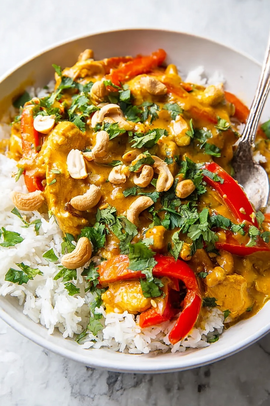 A white bowl filled with three layers: the bottom layer is white rice with visible grains, the middle layer is a thick yellow-orange curry sauce covering pieces of cooked chicken and bright red bell pepper strips, and the top layer is chopped green cilantro and whole cashew nuts scattered evenly. A silver spoon rests partially in the bowl on the rice side. The background is a white marbled texture. Photo taken with an iphone --ar 2:3 --v 7 - Slow Cooker Chicken Pumpkin Curry, easy pumpkin chicken curry, cozy fall slow cooker recipes, healthy chicken curry with pumpkin, simple pumpkin curry dinner