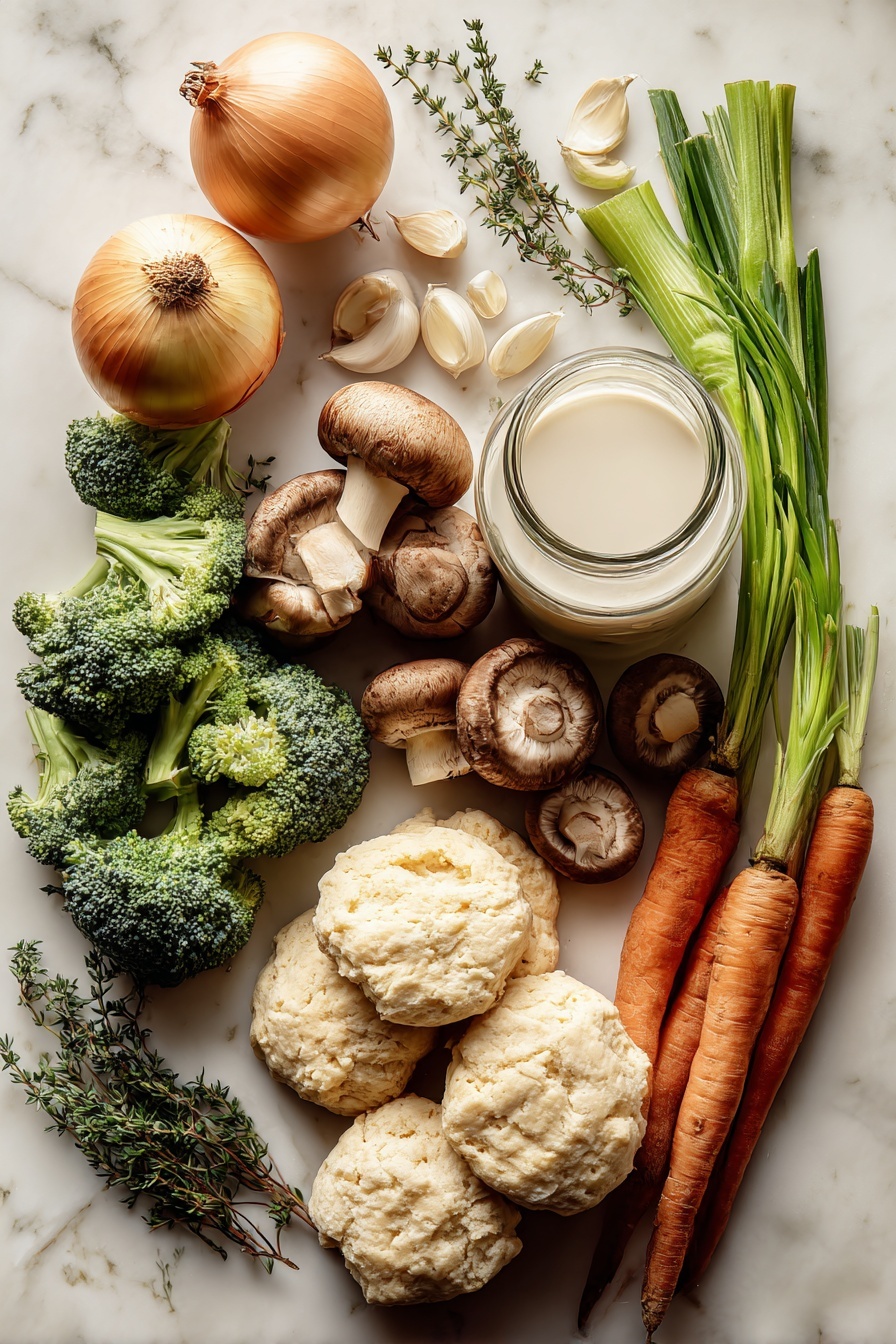 Flat lay of fresh yellow onion, bright orange carrots, crisp celery stalks, earthy brown mushrooms, peeled garlic cloves, vibrant green broccoli florets, creamy whole milk in a small glass jar, fresh thyme sprigs, and a mound of soft biscuit dough, all beautifully arranged on a white marble surface, photo taken with an iphone --ar 2:3 --v 7 - Biscuit Vegetable Pot Pie Casserole, veggie pot pie casserole, homemade biscuit casserole, comforting vegetable casserole, easy pot pie recipe