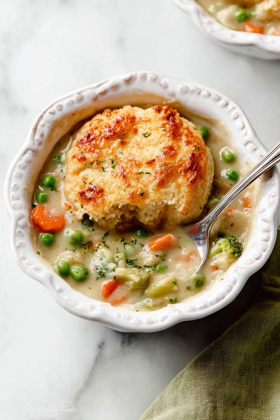 This image shows a baking dish filled with a thick stew base of green peas, orange carrot slices, and small bits of celery in a creamy light beige sauce. On top, there are several large round biscuit-like dumplings with a golden-brown crust and soft, crumbly texture. The dumplings are lightly browned on top with specks of black pepper and bits of green herb inside. The baking dish is white, and the whole scene is on a white marbled surface. Photo taken with an iphone --ar 2:3 --v 7 - Biscuit Vegetable Pot Pie Casserole, veggie pot pie casserole, homemade biscuit casserole, comforting vegetable casserole, easy pot pie recipe