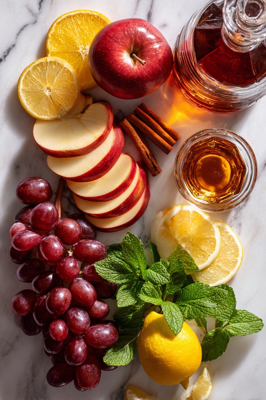 Flat lay of bright red Honeycrisp apple slices, thinly sliced vibrant orange rounds, several warm brown cinnamon sticks scattered around, a small cluster of glossy dark red grapes, a clear glass bottle of deep red wine with a rich ruby hue, a small glass jug filled with golden amber brandy, and fresh lemon wedges arranged with fresh green mint leaves for a pop of color, all placed on a white marble surface, photo taken with an iphone --ar 2:3 --v 7 - Honeycrisp Apple Red Sangria, apple sangria recipes, easy fruit sangria, fall sangria drinks, refreshing fruit sangria