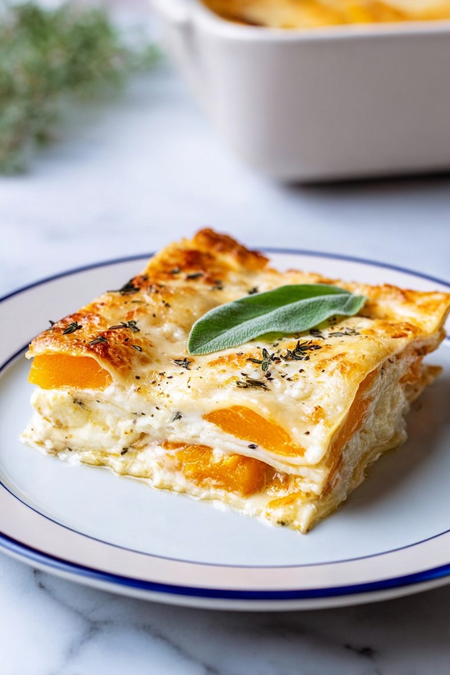 A white rectangular baking dish holds a cheesy layered casserole with three visible layers, topped with a golden-brown melted cheese layer scattered with fresh green herb leaves. The top cheese layer is creamy white with browned spots and sprinkled with small dried herb bits. Below this, a bright yellow-orange layer peeks out near the edges, contrasting with the creamy top. One square piece is partially lifted by a wooden spatula, showing a soft, rich texture inside. The dish sits on a white marbled surface next to a beige cloth and scattered fresh herbs. Photo taken with an iphone --ar 2:3 --v 7 - Butternut Squash and Sage Lasagna, vegetarian fall lasagna, cozy squash lasagna recipe, creamy sage vegetable lasagna, hearty vegetarian lasagna