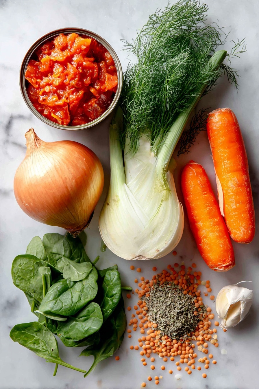 Flat lay of a medium yellow onion, a fresh fennel bulb with feathery fronds, two large bright orange carrots, a single peeled garlic clove, uncooked brown lentils scattered in a small pile, a can of diced fire roasted tomatoes with rich red pieces visible, fresh vibrant baby spinach leaves loosely spread out, and a small mound of dried oregano, placed on a white marble surface, photo taken with an iphone --ar 2:3 --v 7 - Best Lentil Soup Lentil Soup Recipe Healthy Lentil Soup Easy Lentil Soup