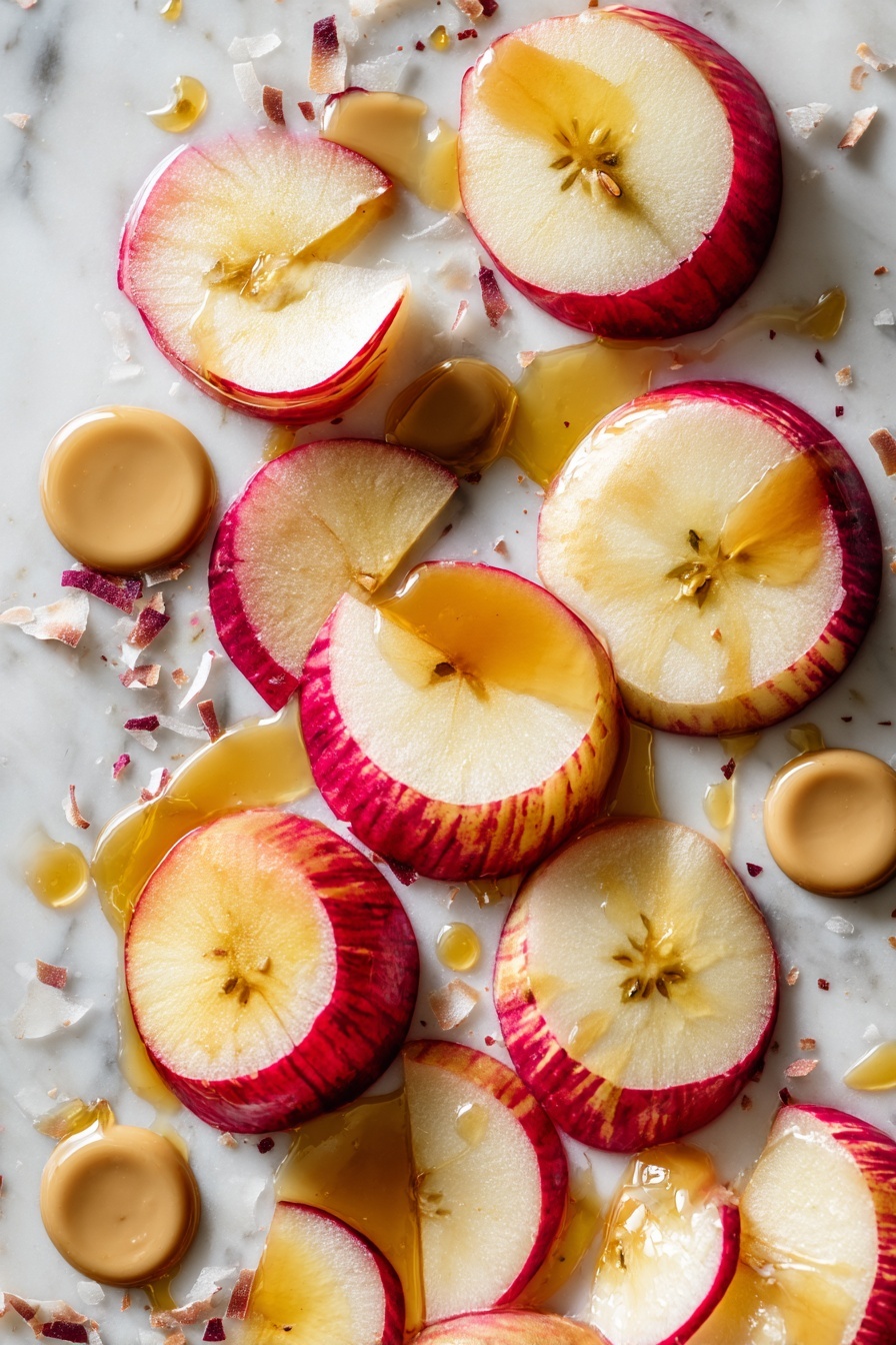Flat lay of vibrant Honeycrisp apple slices with their glossy red and yellow skin, lightly shredded unsweetened coconut flakes scattered around, smooth almond butter dollops, glistening dark chocolate chips, and small pools of creamy coconut oil, all arranged in an inviting, natural pattern with a touch of maple syrup drizzle catching the light, placed on a white marble surface, photo taken with an iphone --ar 2:3 --v 7 - Apple Samoas, Apple Samoas dessert, Healthy apple snack, Coconut almond apple bites, Easy fruit dessert