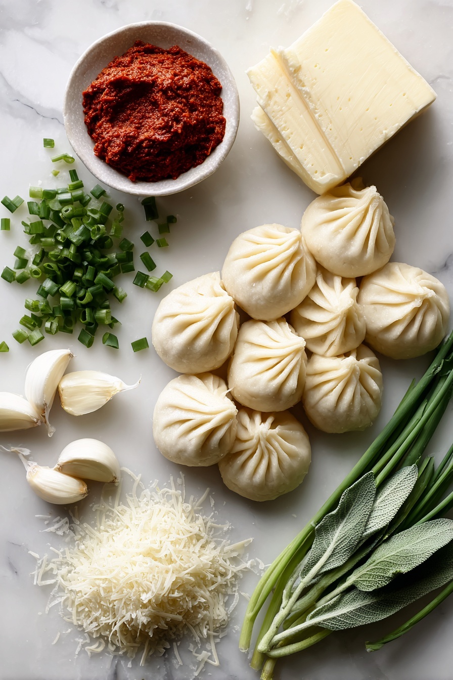 Flat lay of frozen soup dumplings arranged in a crescent shape, a small pile of bright red gochujang paste, fresh green chopped chives scattered around, a few cloves of peeled garlic, a small mound of grated parmesan cheese, a few leaves of fresh sage, and a pat of unsalted butter with a creamy texture, all placed on a white marble surface, photo taken with an iphone --ar 2:3 --v 7 - Soup Dumplings in Creamy Gochujang Sauce, spicy dumpling dish, Korean-inspired soup dumplings, creamy gochujang sauce recipe, easy Asian dumpling recipe