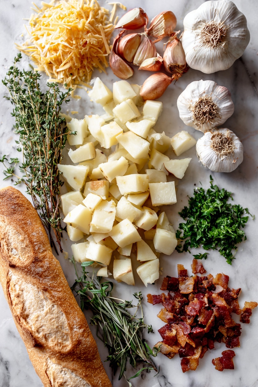 Flat lay of peeled diced waxy potatoes, halved shallots, whole garlic heads with tops cut off, sprigs of dried thyme and rosemary, fresh sprigs of parsley, crispy crumbled bacon, shredded mild cheddar cheese, and a fresh baguette, all beautifully arranged on a white marble surface, photo taken with an iphone --ar 2:3 --v 7 - Easy Roasted Garlic Soup, roasted garlic soup, creamy garlic soup, comforting garlic potato soup, quick garlic soup recipe