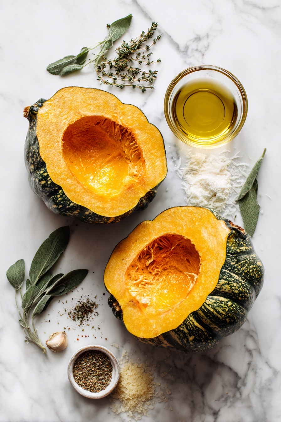 Flat lay of two halved acorn squash with bright orange flesh and green ridged skin, a small heap of finely grated parmesan cheese, dried basil leaves, dried thyme sprigs, dried oregano, garlic powder scattered lightly, and a small glass bowl of golden extra-virgin olive oil, all beautifully arranged with a few fresh herb sprigs for color, placed on a white marble surface, photo taken with an iphone --ar 2:3 --v 7 - Parmesan Herb Roasted Acorn Squash, roasted acorn squash with herbs, easy winter squash side dish, healthy roasted acorn squash, caramelized acorn squash with parmesan