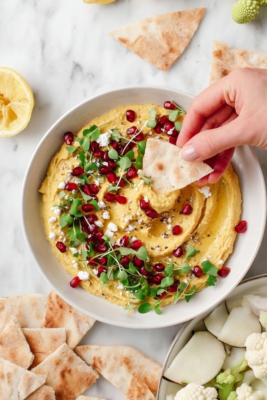 A white bowl filled with smooth, creamy yellow hummus spread evenly in a circular pattern, topped with small bright red pomegranate seeds scattered around, white crumbly cheese bits, and fresh green microgreens spread evenly on top. A woman's hand is dipping a pale beige pita chip with crinkled edges into the hummus. Around the bowl are triangular pieces of pita bread in light tan color and slices of a white vegetable with dark edges arranged in a semi-circle on a white marbled surface. Pieces of light green romanesco cauliflower and a half lemon are also visible nearby. Photo taken with an iphone --ar 2:3 --v 7 - Butternut Squash Hummus with Feta and Pomegranates, roasted butternut squash hummus, feta and pomegranate hummus, healthy fall appetizers, easy veggie dip