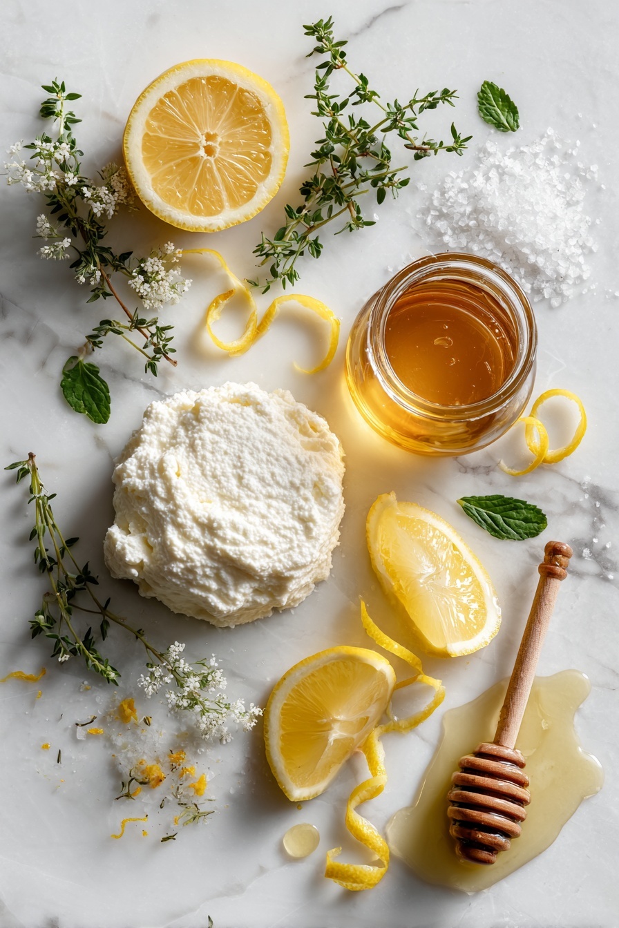 Flat lay of fresh whole milk ricotta cheese in a soft mound, a small glass jar of golden honey with a honey dipper resting beside it, a bright yellow lemon cut into wedges with scattered lemon zest curls, sprigs of fresh green thyme leaves artfully placed around, a small pile of flaky sea salt crystals shimmering under the light, and a thin stream of extra-virgin olive oil gently drizzled across the scene, all arranged beautifully on a white marble surface, photo taken with an iphone --ar 2:3 --v 7 - Whipped Ricotta with Honey, Lemon Zest, and Thyme on Crostini, ricotta crostini appetizer, honey lemon ricotta spread, easy elegant appetizer, fresh ricotta crostini