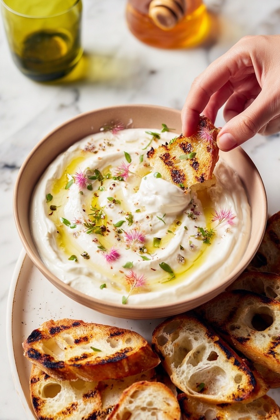 A bowl with thick, creamy white yogurt swirled smoothly, topped with small green herb leaves and tiny pink flower petals, along with a drizzle of light golden olive oil creating shiny spots on the surface. In the yogurt, a grilled slice of light brown bread with dark grill marks is being dipped by a woman's hand pinching it gently. Nearby, a white plate holds more grilled bread slices, showing a mix of golden brown with darker, toasted edges and holes in the crumb texture. The scene is set on a white marbled surface with a glass jar holding honey and a small green glass cup partially visible. photo taken with an iphone --ar 2:3 --v 7 - Whipped Ricotta with Honey, Lemon Zest, and Thyme on Crostini, ricotta crostini appetizer, honey lemon ricotta spread, easy elegant appetizer, fresh ricotta crostini