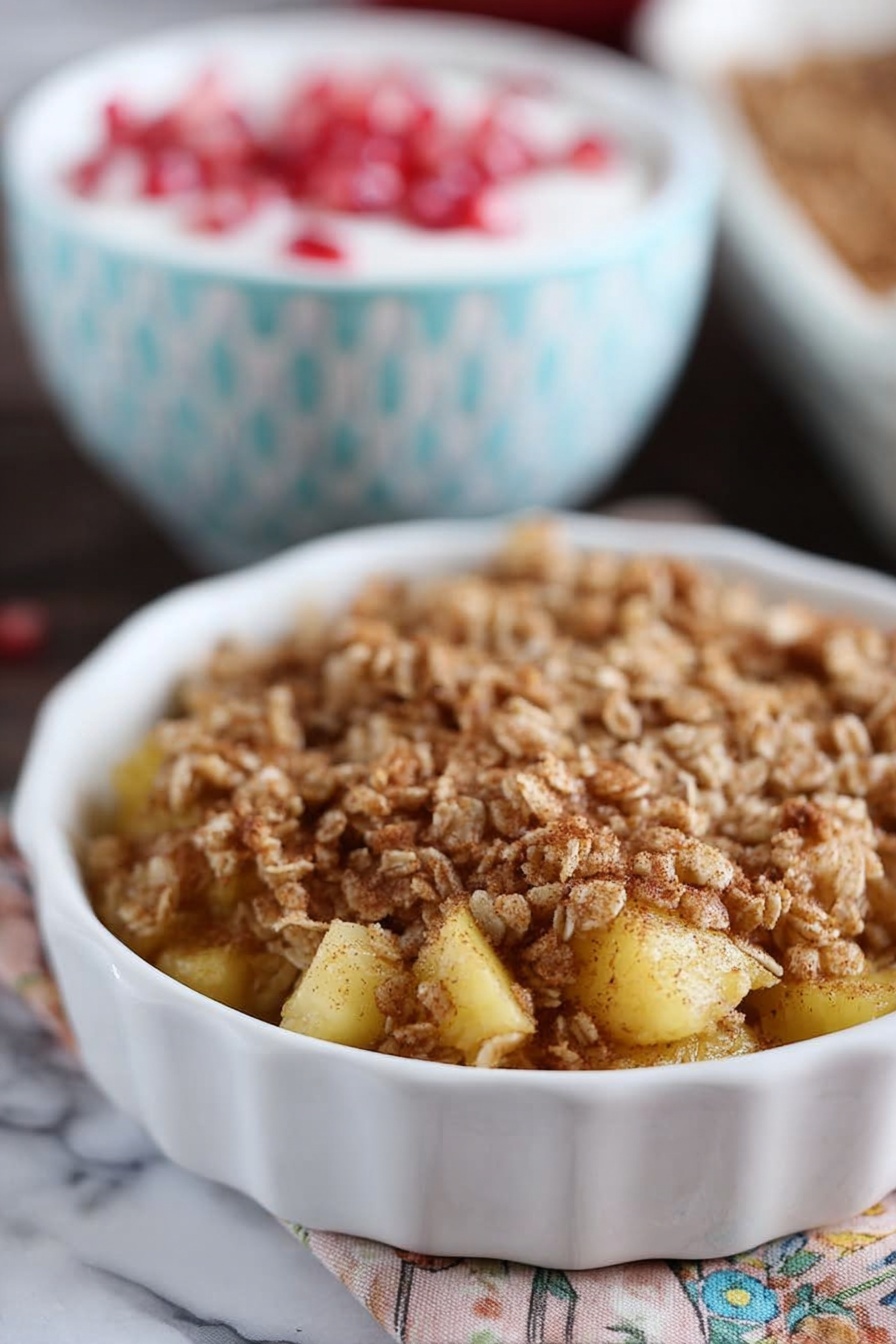In the image, there is a round white ceramic dish filled with a crumbly apple oat mixture. The dish shows two distinct layers: the bottom layer is small chunks of yellow apple pieces, and the top layer is a golden brown oat crumble made of oats mixed with cinnamon or spices. The surface underneath the dish is a dark wood table with a multi-colored cloth napkin underneath. In the background, slightly blurred, there is a white bowl with a light blue geometric pattern filled with white yogurt and red pomegranate seeds. The whole setting is on a white marbled surface. photo taken with an iphone --ar 2:3 --v 7 - Amish-Style Apple and Cinnamon Baked Oatmeal, baked oatmeal with apple and cinnamon, cozy healthy breakfast recipes, easy breakfast baking ideas, wholesome oat bake for mornings