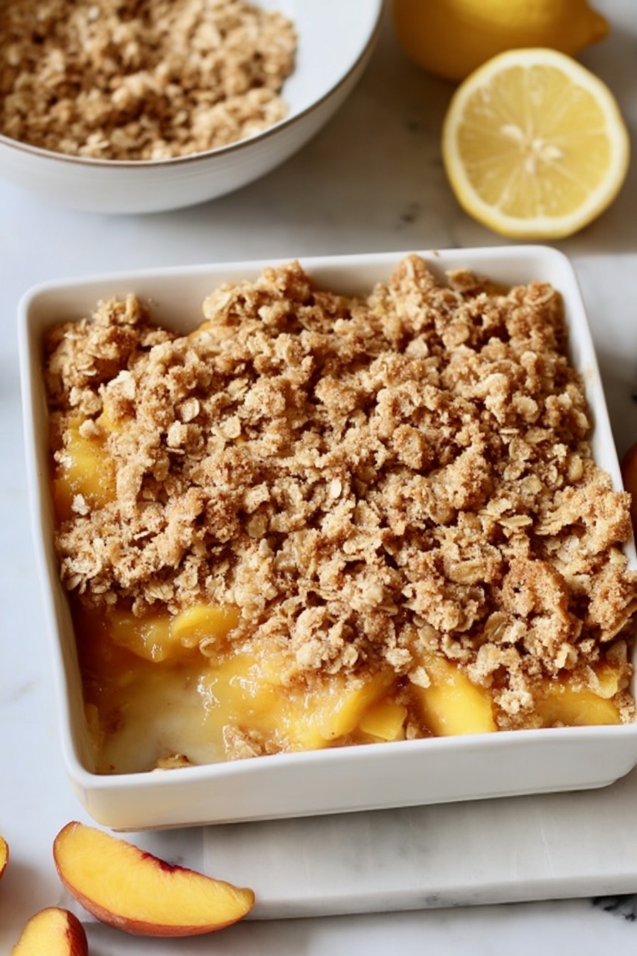 A white bowl holds three main layers: the bottom layer is golden brown cooked apple pieces with a soft texture, the middle layer is a crumbly oat and brown sugar topping with a rough texture, and the top layer is a large round scoop of smooth white vanilla ice cream slowly melting over the warm fruit and crumbs. A metal spoon rests inside the bowl, partially scooping up the apple crumble. The bowl is placed on a white marbled surface. photo taken with an iphone --ar 2:3 --v 7 - Easy Apple Crisp, apple crisp dessert, easy apple crisp, cozy apple crisp, cinnamon apple dessert