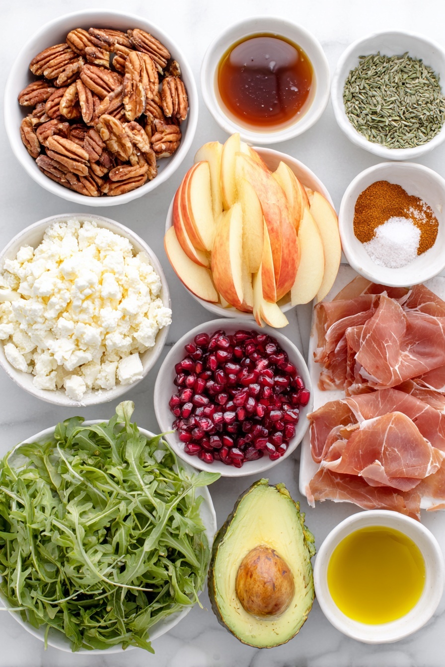 Flat lay of raw pecans, pumpkin seeds, small white bowl of maple syrup, small white bowl of cayenne pepper, small white bowl of ground cinnamon, flaky sea salt sprinkled in a small white dish, thinly sliced prosciutto laid neatly, fresh arugula leaves, thinly sliced honeycrisp apples arranged in a fan, diced ripe avocado, bright red pomegranate arils, crumbled feta cheese piled in a small white bowl, small white bowls of extra virgin olive oil, apple cider vinegar, Dijon mustard, apple butter, honey, fresh thyme leaves, chopped fresh sage, kosher salt and black pepper in small white bowls, all ingredients fresh and natural, balanced symmetrical layout placed on a clean white marble surface, soft natural light, photo taken with an iPhone, professional food photography style, fresh ingredients, white ceramic bowls, no bottles, no duplicates, no utensils, no packaging --ar 2:3 --v 7 --p awthu7i m7354615311229779997 - Autumn Harvest Honeycrisp Apple and Feta Salad, Honeycrisp Apple Salad, Fall Apple Salad with Feta, Easy Autumn Salad Recipes, Cozy Fall Salad Ideas
