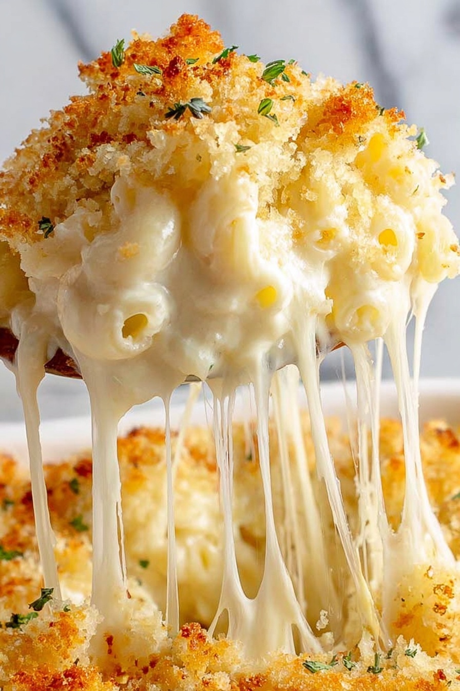 A close-up view of a black bowl filled with creamy macaroni and cheese. The dish has two main layers: the bottom layer is soft macaroni pasta covered in a smooth, white cheese sauce, and the top layer is golden brown toasted breadcrumbs with small green herb bits sprinkled throughout. A silver spoon is placed inside the bowl, scooping some of the macaroni. The background features a white marbled texture with a soft beige cloth visible in the top left corner. Photo taken with an iphone --ar 2:3 --v 7 - Baked Mac and Cheese, cheesy baked pasta, creamy baked mac and cheese, crispy topping mac and cheese, homemade baked mac and cheese