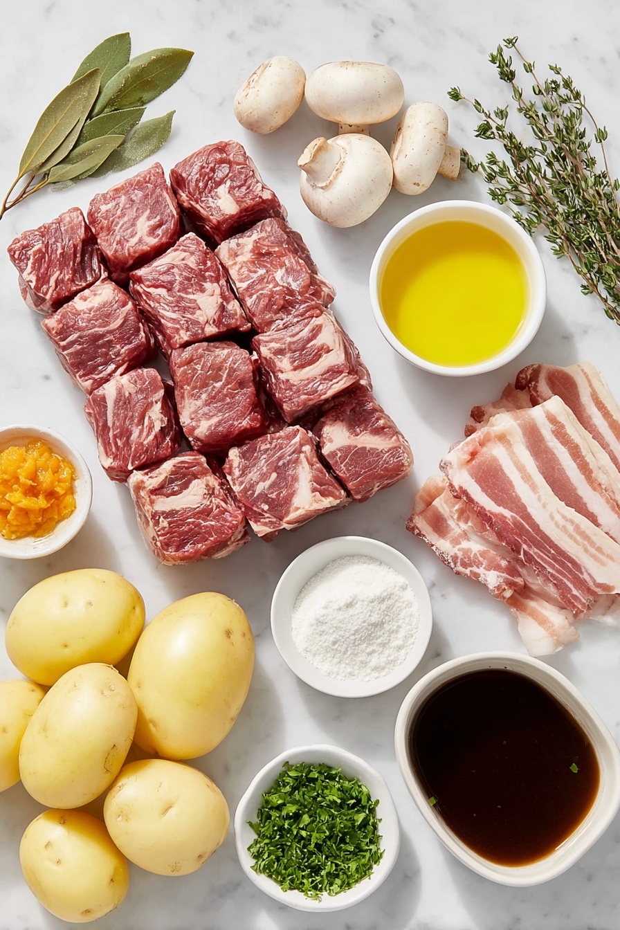 Flat lay of a thick slab of chuck beef cut into chunky cubes with visible marbling of fat, two large fresh carrots cut diagonally into chunky pieces, a cluster of small round pearl onions with pale glossy skins, three fresh green sprigs of thyme, a single fresh bay leaf with a smooth deep green surface, a handful of halved cremini mushrooms with light brown caps, a piece of raw bacon cut into thick batons showing pink meat and white fat, three whole garlic cloves with clean white papery skins, a small mound of smooth red tomato paste on a white ceramic plate, a small white bowl filled with plain all-purpose flour, a small white bowl containing golden olive oil, a small white bowl holding deep red pinot noir wine, a small white bowl of rich brown homemade beef stock, and a small pile of freshly chopped bright green parsley, all arranged with perfect symmetry on a clean white marble surface, soft natural light, photo taken with an iPhone, professional food photography style, fresh ingredients, white ceramic bowls, no bottles, no duplicates, no utensils, no packaging --ar 2:3 --v 7 --p awthu7i m7354615311229779997 - Beef Bourguignon, Beef Burgundy, classic French beef stew, hearty beef stew recipe, slow cooker beef bourguignon