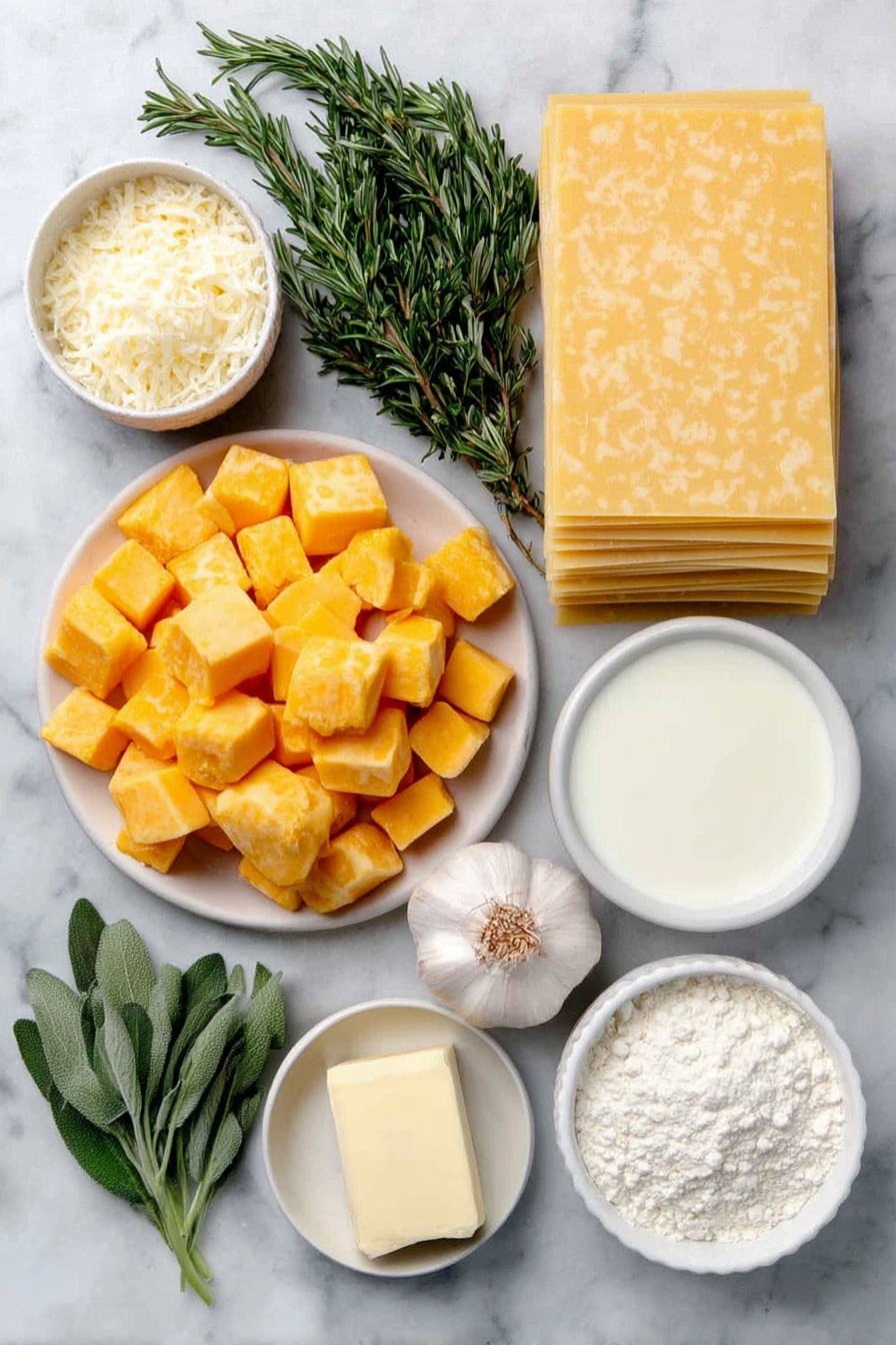 Flat lay of a small pile of fresh cubed butternut squash with bright orange color, a few sprigs of fresh green rosemary and sage, a whole bulb of garlic with several cloves visible, three whole uncracked brown eggs, a small mound of finely grated Parmesan cheese, a small white ceramic bowl of heavy cream, a small white ceramic bowl of creamy 2% milk, a small white ceramic bowl of golden olive oil, four uncooked flat sheets of no-boil lasagne pasta neatly stacked, a small white ceramic bowl of soft unsalted butter, and a small white ceramic bowl of pale all-purpose flour, all arranged symmetrically on a clean white marble surface, soft natural light, photo taken with an iPhone, professional food photography style, fresh ingredients, white ceramic bowls, no bottles, no duplicates, no utensils, no packaging --ar 2:3 --v 7 --p awthu7i m7354615311229779997 - Roasted Butternut Squash Lasagna, butternut squash lasagna, autumn vegetable lasagna, cozy fall lasagna recipe, easy roasted veggie lasagna