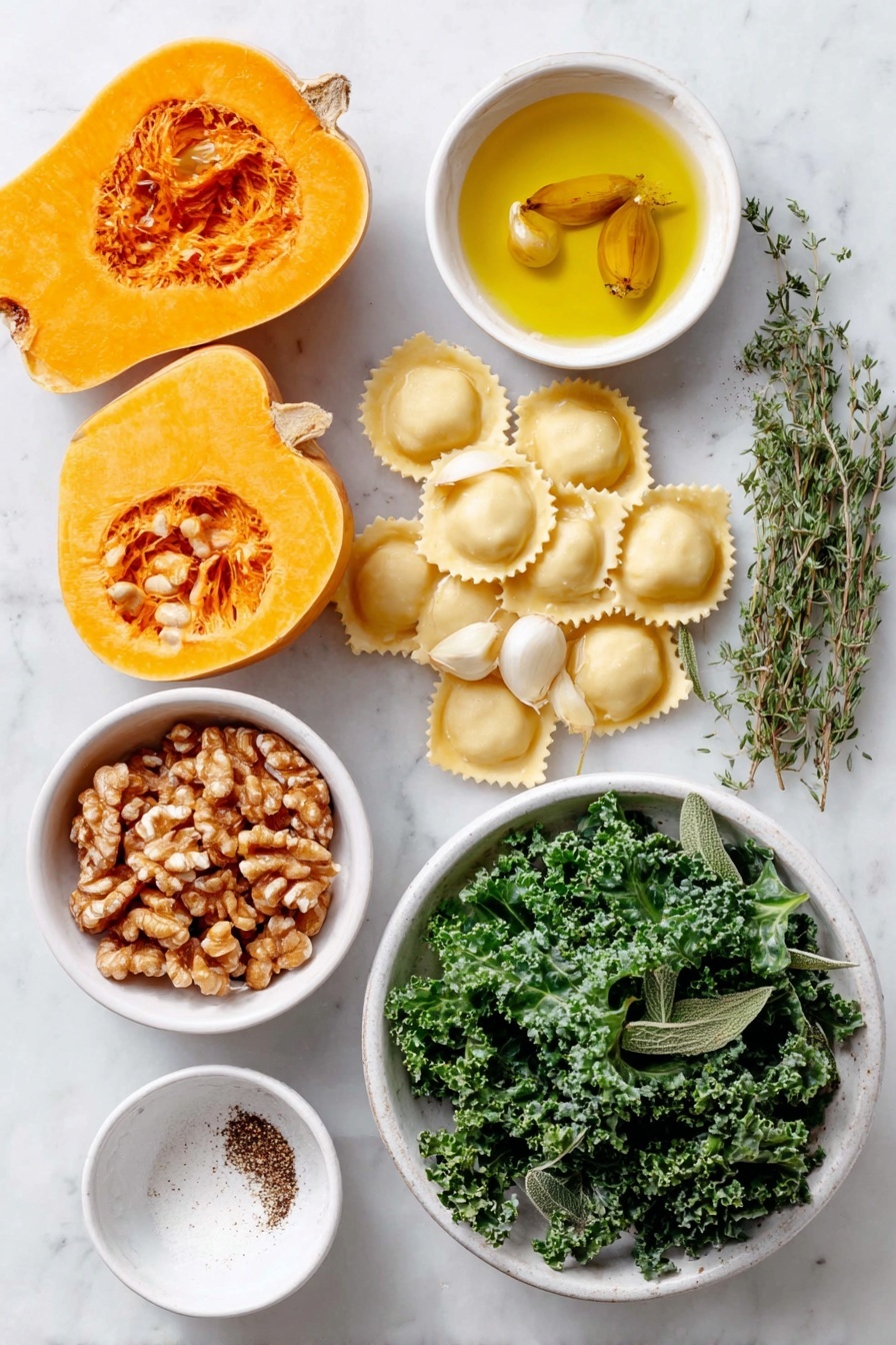 Flat lay of a small halved butternut squash with smooth orange flesh and seeds visible, three peeled garlic cloves, a medium shallot roughly chopped into pale purple chunks, a small pile of loose fresh green sage leaves, a few sprigs of fresh thyme with tiny green leaves, finely chopped walnuts in a small white ceramic bowl, a few uncracked brown eggs, a small white bowl filled with golden extra-virgin olive oil, a small white bowl containing clear pale apple cider vinegar, a pinch of ground nutmeg sprinkled neatly on white ceramic, fresh sea salt crystals in a small white dish, freshly ground black pepper scattered subtly on the surface, sheets of fresh pale yellow homemade ravioli pasta dough laid flat, and a small mound of bright green sautéed kale leaves, arranged with perfect symmetry and balanced proportions, placed on a clean white marble surface, soft natural light, photo taken with an iPhone, professional food photography style, fresh ingredients, white ceramic bowls, no bottles, no duplicates, no utensils, no packaging --ar 2:3 --v 7 --p awthu7i m7354615311229779997 - Butternut Squash Ravioli with Sage Walnut Sauce, homemade butternut squash ravioli recipe, easy autumn pasta dish, vegetarian pasta with sage and walnuts, cozy fall ravioli ideas